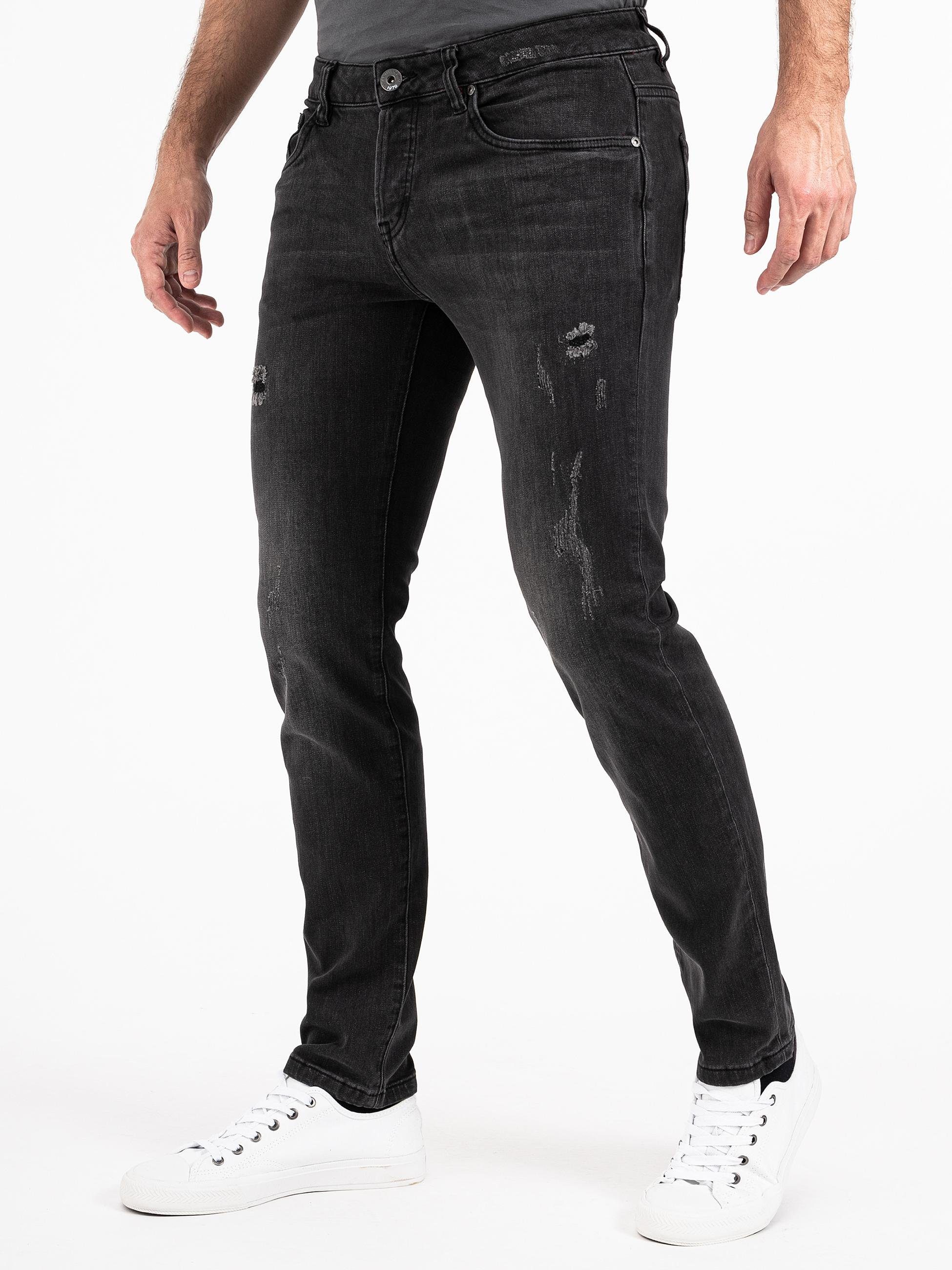 PEAK TIME Slim-fit-Jeans München Herren Stretch-Bund Jeans dunkelgrau mit Destroyed-Optik und