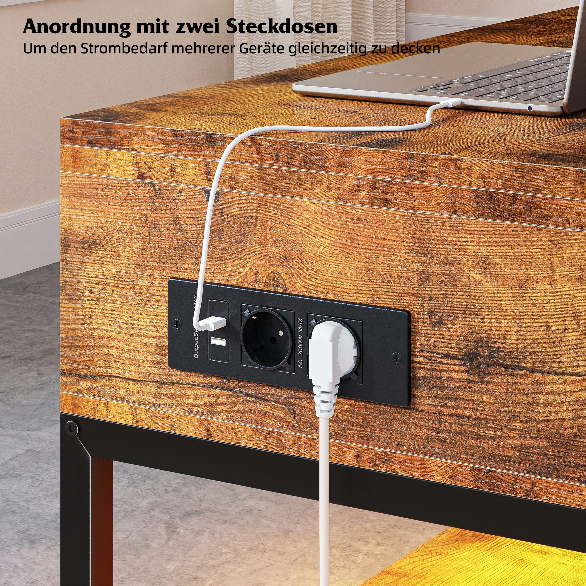 Klyvvo Couchtisch Höhenverstellbar mit LED und Stauraum, 4-in-1 Wohnzimmertisch (1-St), Steckdosen, USB, Coffee Table für Wohnzimmer, Büro, 1 Schubladen – Bild 4 von 5