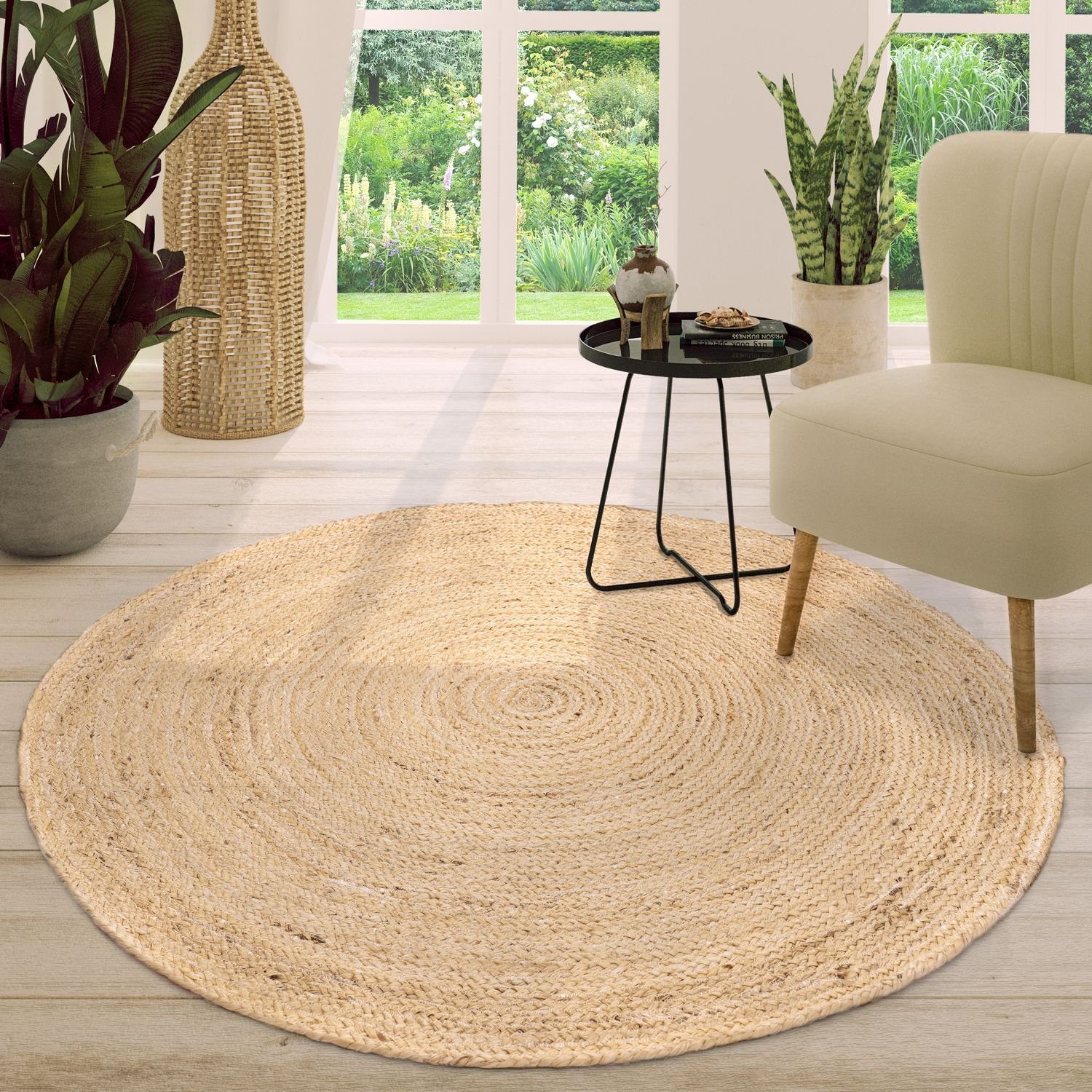 Teppich Wohnzimmer Teppich Jute Rund Modern Boho, TT Home, rund, Höhe: 9 mm