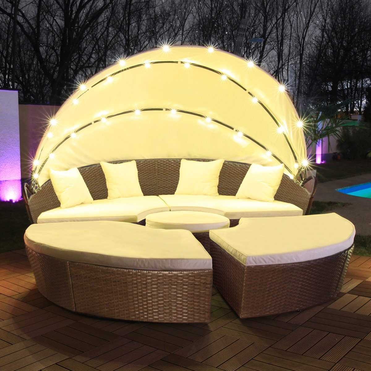 Swing&Harmonie Gartenlounge-Set LED - Sonneninsel Rattan Lounge Polyrattan Sitzgruppe Liege Insel inkl. Abdeckcover