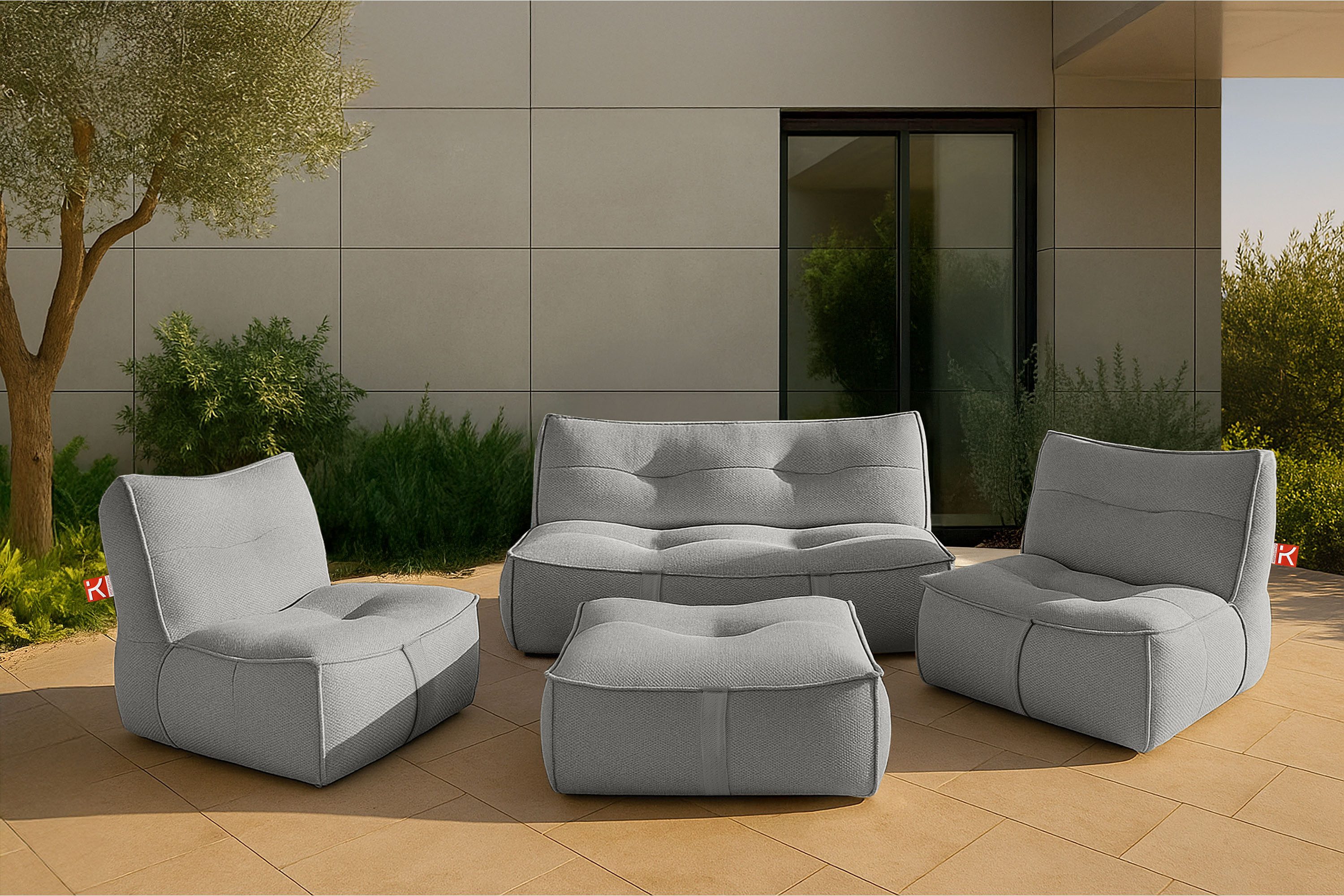 KONSIMO® Gartensofa LOVIA Loungesofa, Gartenmöbel, Sofa 2-Sitzer, Premiumqualität aus EU, hochwertiger Sitzkomfort, mit integrierter Schutzhülle, wetterbeständig, rutschfeste Unterseite, ultra-robuste Griffe