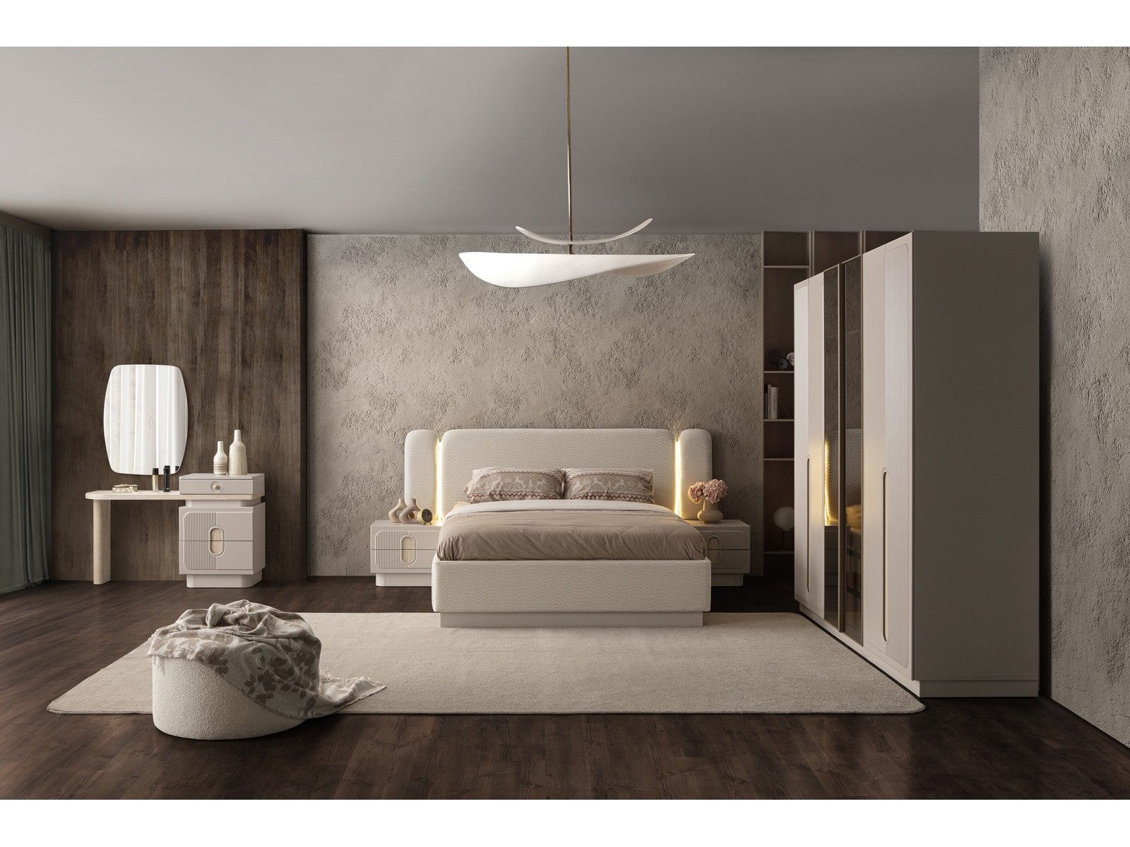 Villa Möbel Schlafzimmer-Set Valoria, (Schlafzimmer-Set, 5-tlg., Bett mit Kopfteil, 2 Nachttische, Kleiderschrank und Kommode), Creme Optik Bequeme Nutzung Hochwertiges MDF
