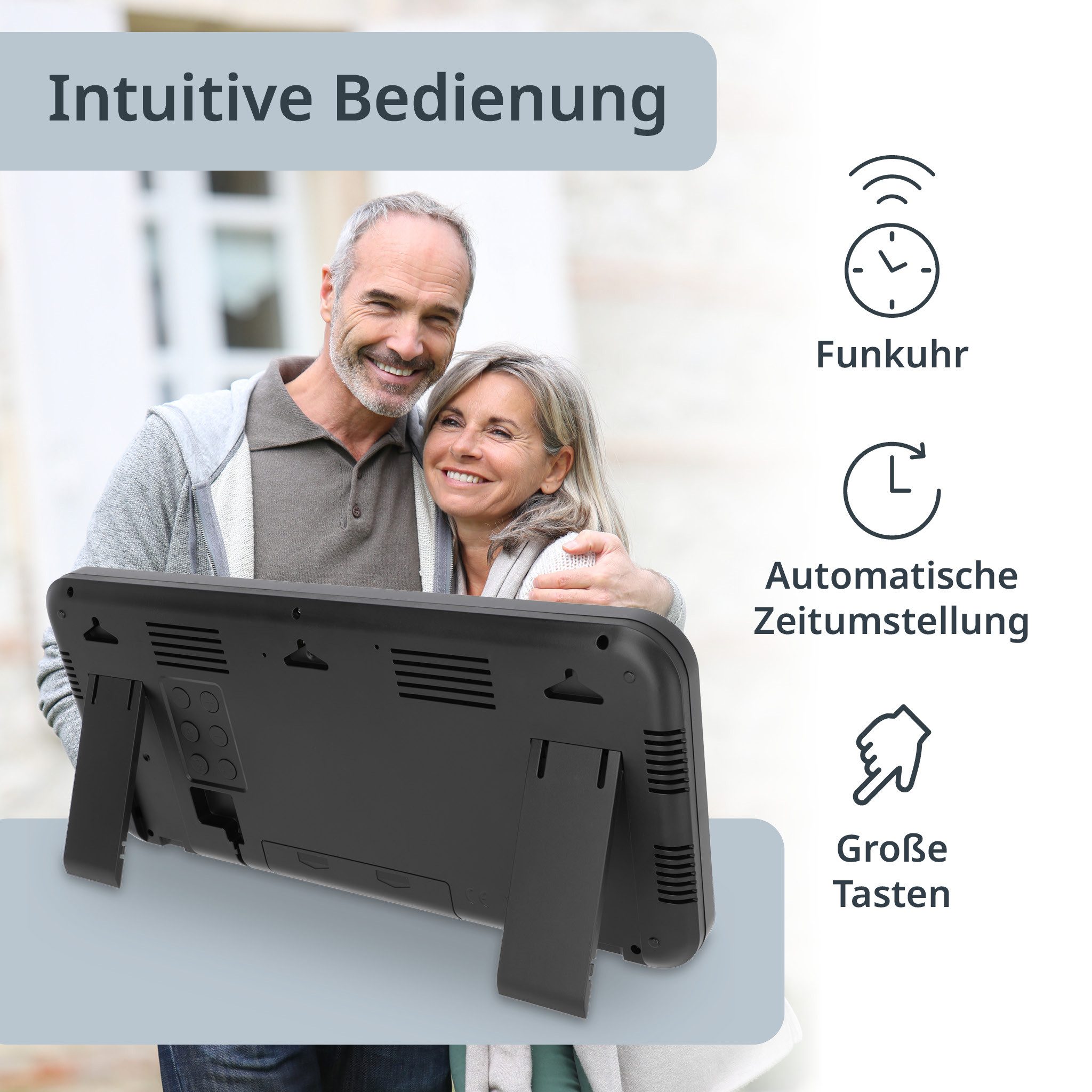 ADE Funkwanduhr Digitale Wanduhr XXL schwarz, zum Aufstellen, mit Alarm, mit Batterie (Temperaturanzeige, lautlos, ohne Tickgeräusche, perfekt für Senioren) – Bild 4 von 5