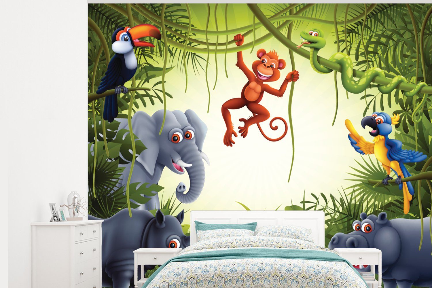 MuchoWow Fototapete Illustration - Wildlife - Dschungel - Jungen - Baby - Mädchen, Matt, bedruckt, (5 St), Montagefertig Vinyl Tapete für Wohnzimmer, Wandtapete