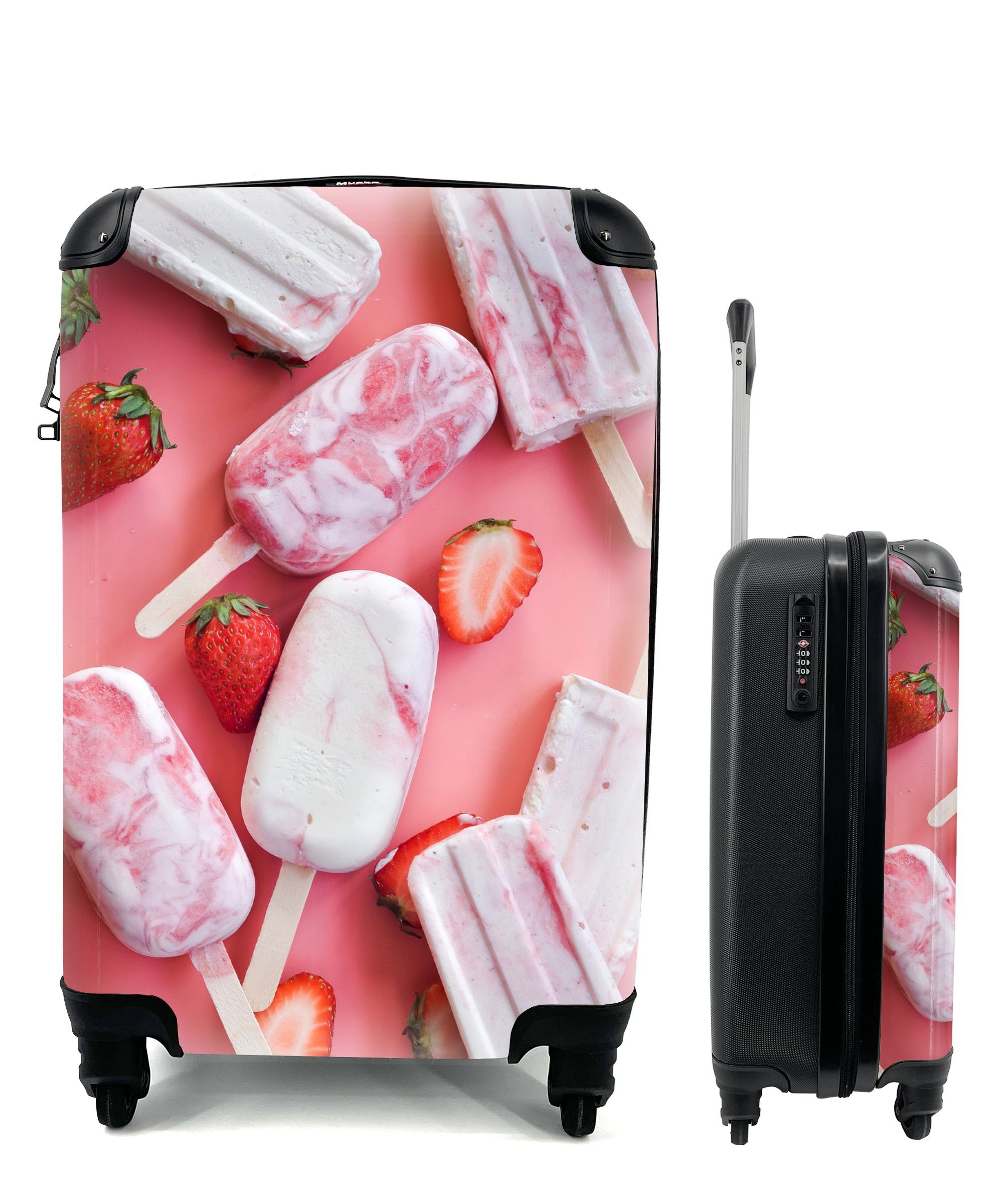 MuchoWow Handgepäckkoffer Eis am Stiel mit Erdbeeren, 4 Rollen, Reisetasche mit rollen, Handgepäck für Ferien, Trolley, Reisekoffer