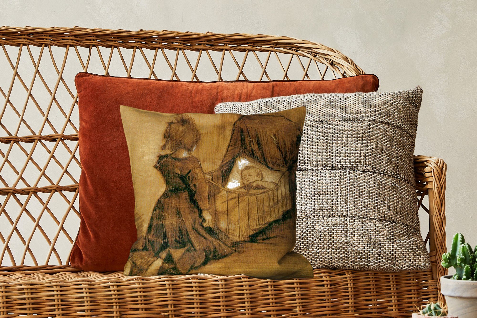 Füllung mit Wiege - Zierkissen kniend für einer Schlafzimmer, Wohzimmer, Vincent Sofakissen Mädchen Dekokissen van Deko, Gogh, bei MuchoWow