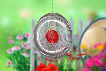 ILLUMINO Windspiel Edelstahl Windspiel Kreis -XL mit rubinroter 70mm Glaskugel Metall Windspiel für Garten und Wohnung Gartendeko Wohn und Fenster Deko