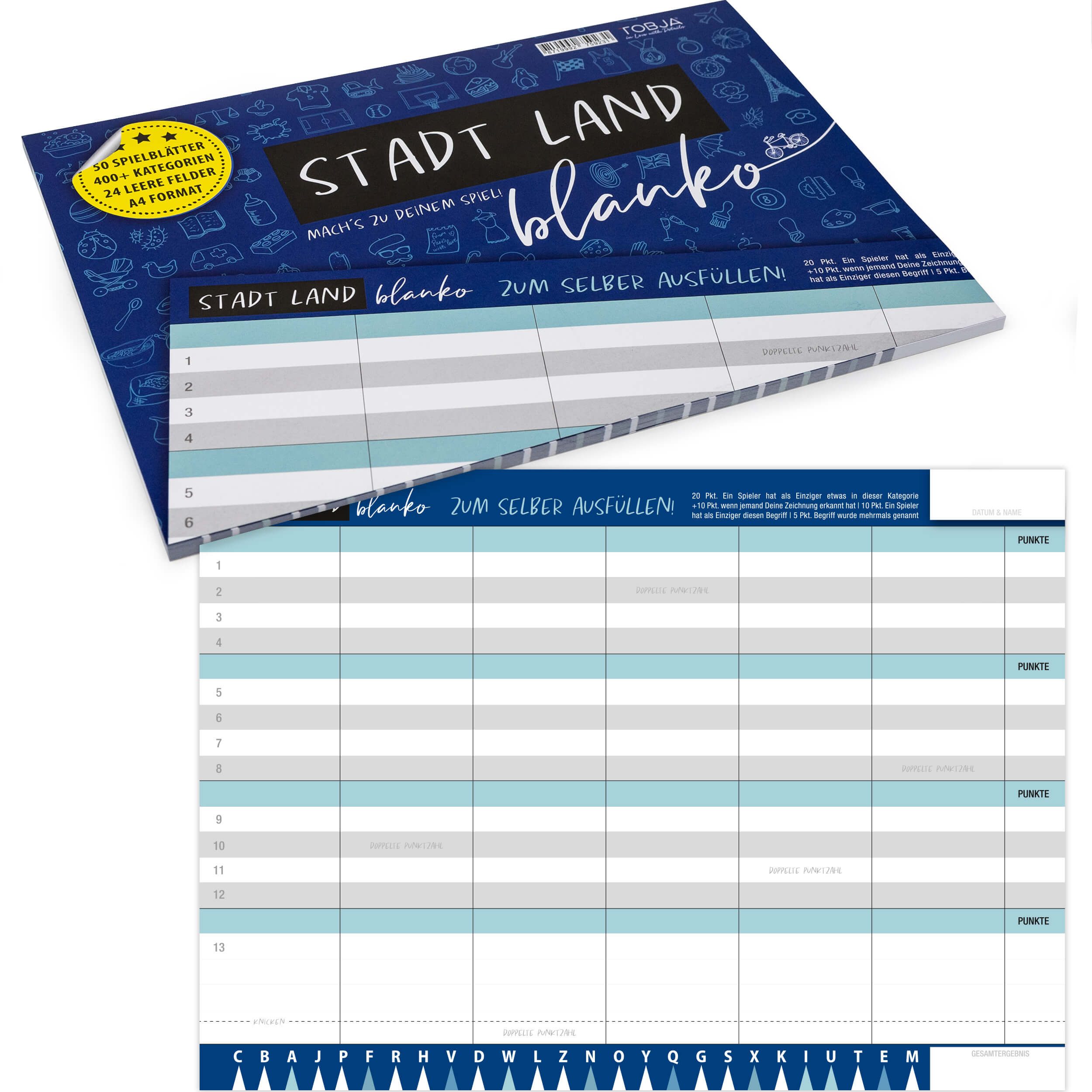 TOBJA Spiel Stadt, Land, Blanko Spiel A4 50Blatt, Logikspiel, Block