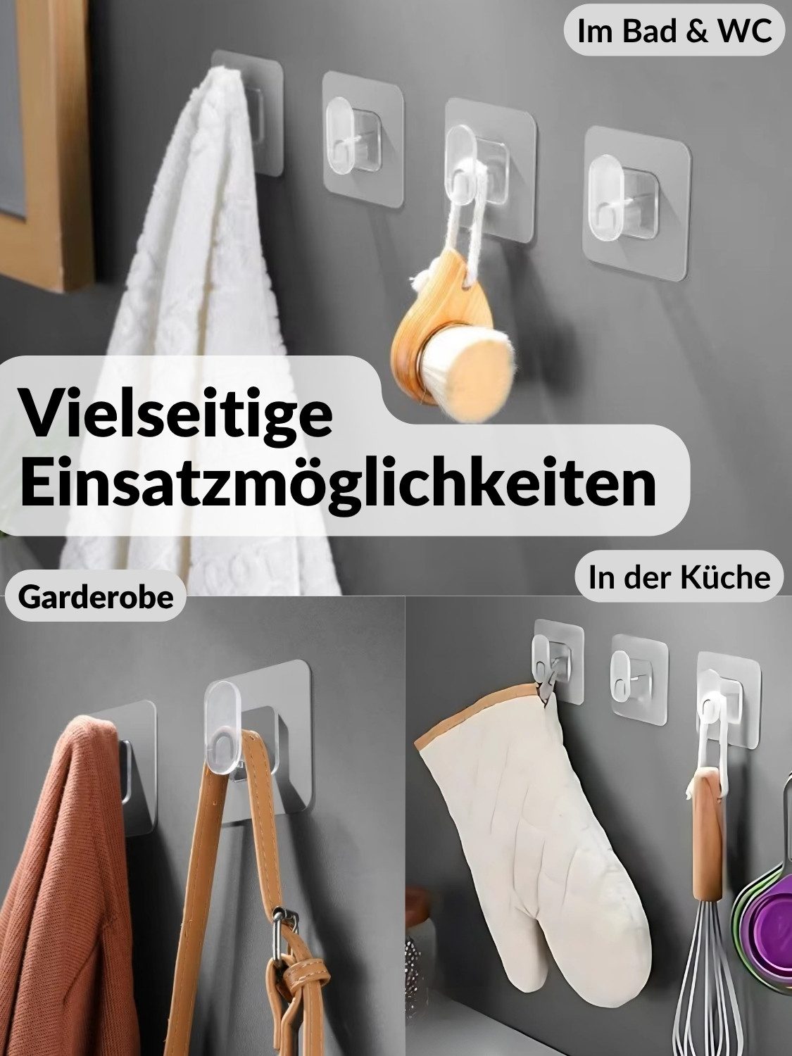 DEKAZIA Klebehaken ohne Bohren, selbstklebende Badhaken, Handtuchhaken, Bad, Garderobe, Toilette, Küche, WC, (16-St., 16 Stk), Transparente Hacken, Küchenhaken, – Bild 4 von 5