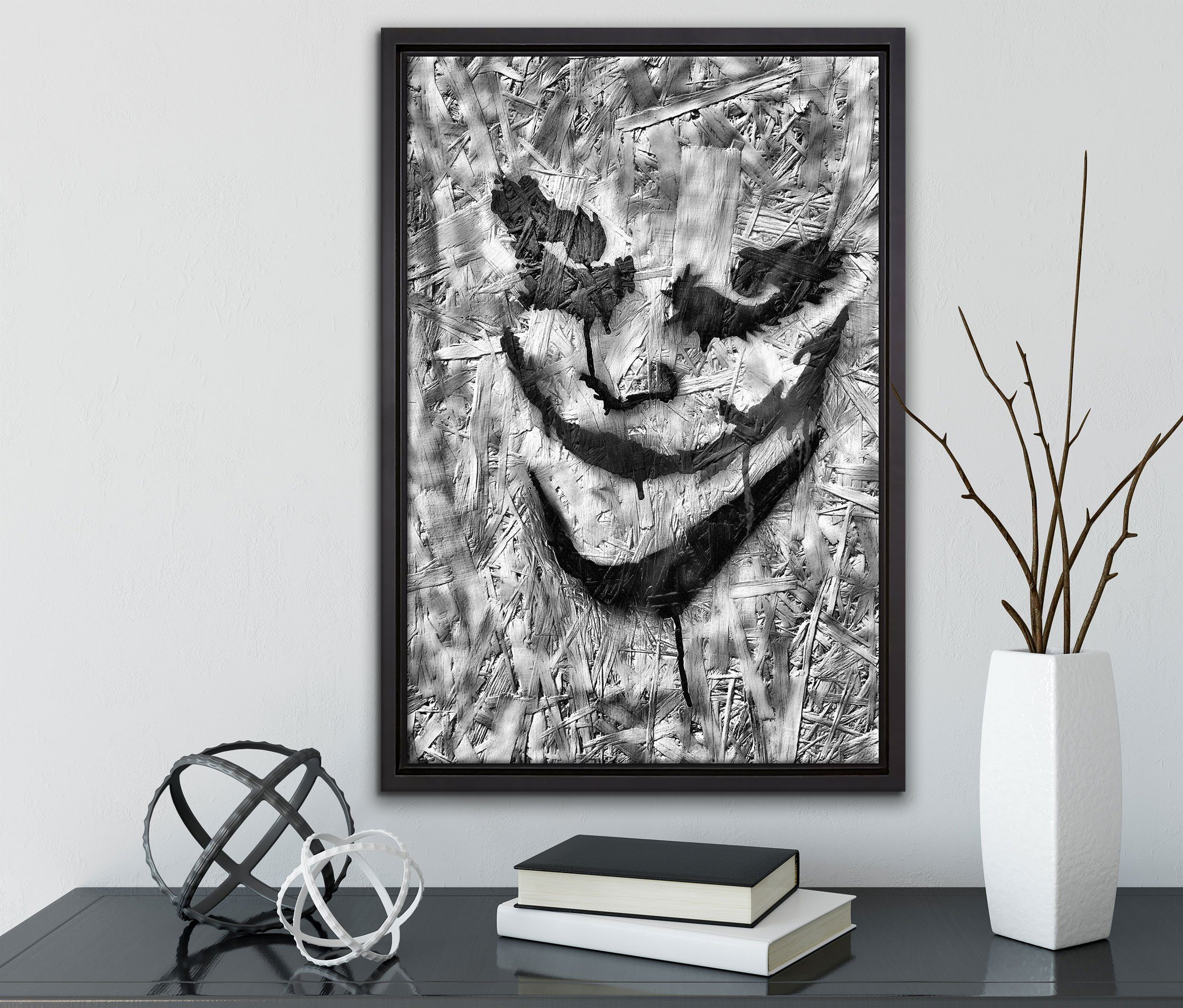 Leinwandbild Gesicht, Wanddekoration Leinwandbild in fertig inkl. (1 Böser St), einem Schattenfugen-Bilderrahmen Clown bespannt, Pixxprint Zackenaufhänger gefasst,