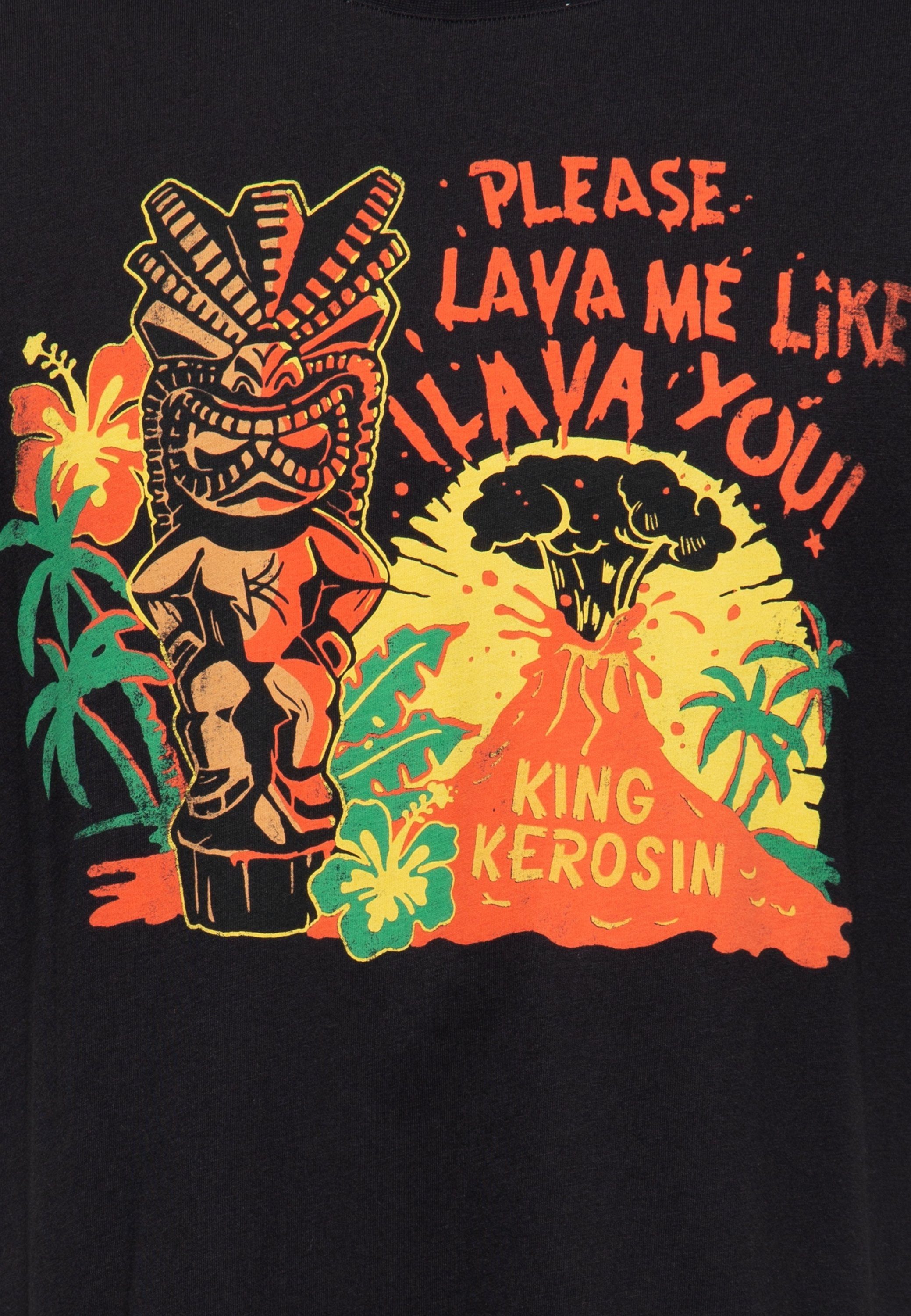 Print-Shirt mit im Design schwarz Print (1-tlg) "Hawaii-Tikki" Retro Front Lava KingKerosin