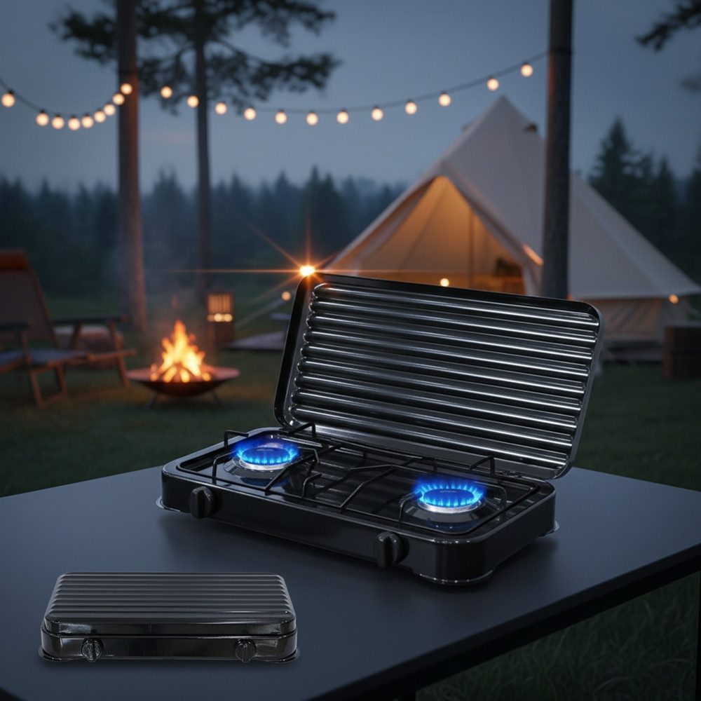 Feel2Home Gaskocher Camping Kochfeld Gaskocher 2 flammig mit Deckel Herd Outdoor Metall, (Stück, 1-St., Campingkocher / Gaskocher - 2-flammig), Flamme stufenlos regulierbar durch Drehknopf