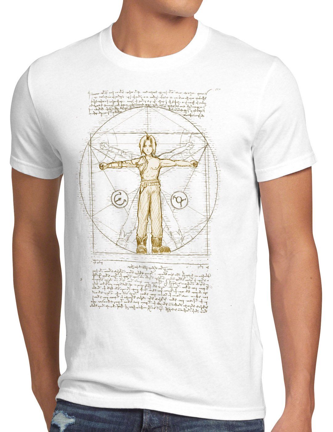 style3 Print-Shirt Herren T-Shirt Vitruvianischer Edward alchemist anime manga japan full metal weiß | T-Shirts