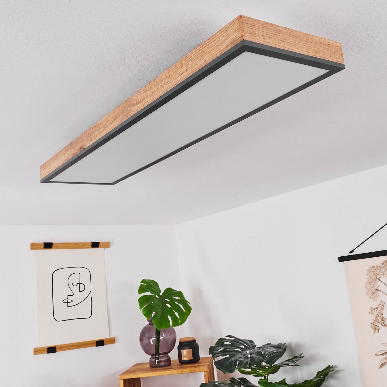 hofstein Deckenleuchte »Vacil« modernes Deckenpanel aus Metall und Holz in Schwarz/Weiß/Natur, 3000 Kelvin, 24 Watt, 2100 Lumen, längliche Deckenlampe in flachem Design