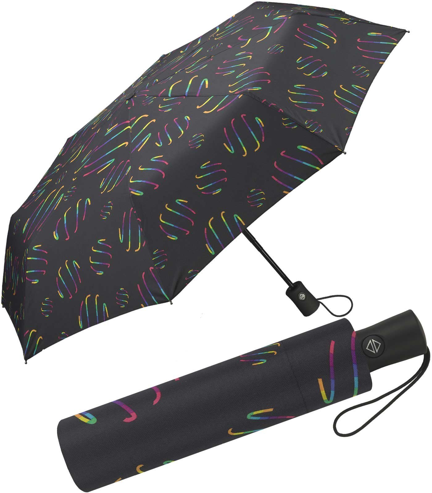 HAPPY RAIN Taschenregenschirm schöner Damen-Regenschirm mit Auf-Zu-Automatik, verspielte Regenbogen-Wirbel auf dunklem Grund