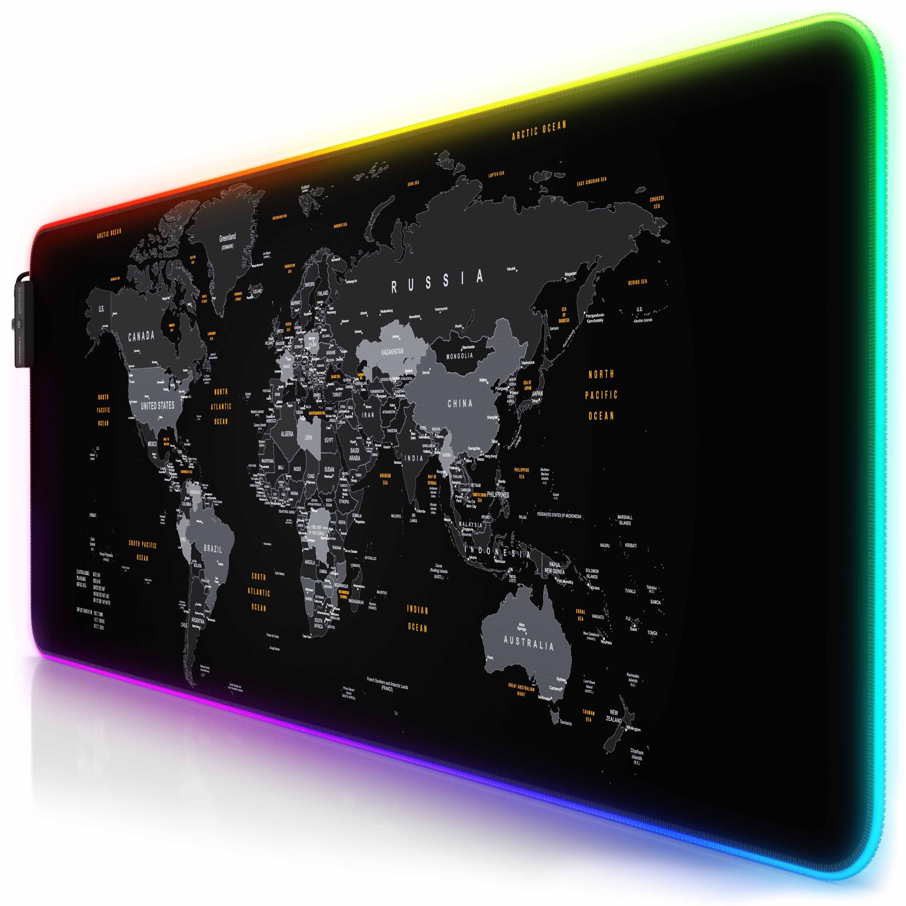 Titanwolf Gaming Mauspad RGB Mousepad 800 x 300 x 3 mm, LED Multi Color XL Tischunterlage (1-St), rutschfest, abwaschbar, Geschwindigkeit & Präzision, Weltkarte 1