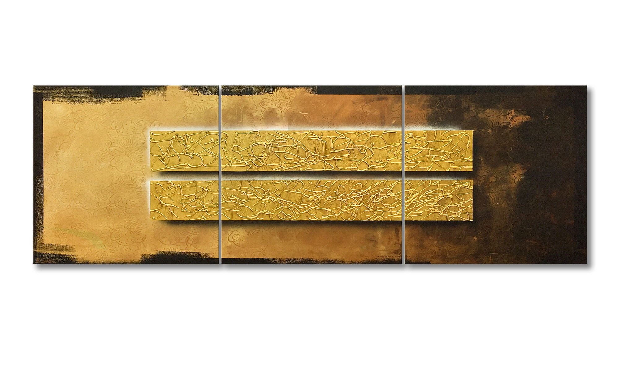 WandbilderXXL XXL-Wandbild Liquid Gold 240 x 80 cm, Abstraktes Gemälde, handgemaltes Unikat