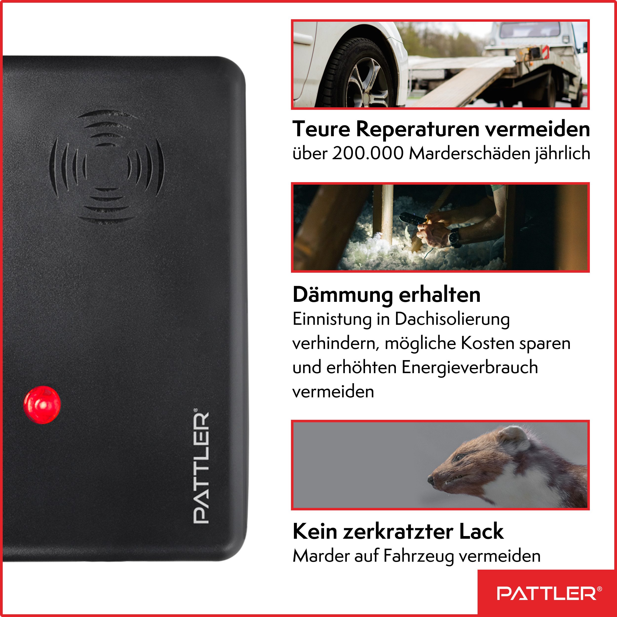Pattler Ultraschall-Tierabwehr Marderschreck mit Hochfrequenztönen, 1 Gerät für ca. 60 m² – Bild 2 von 5