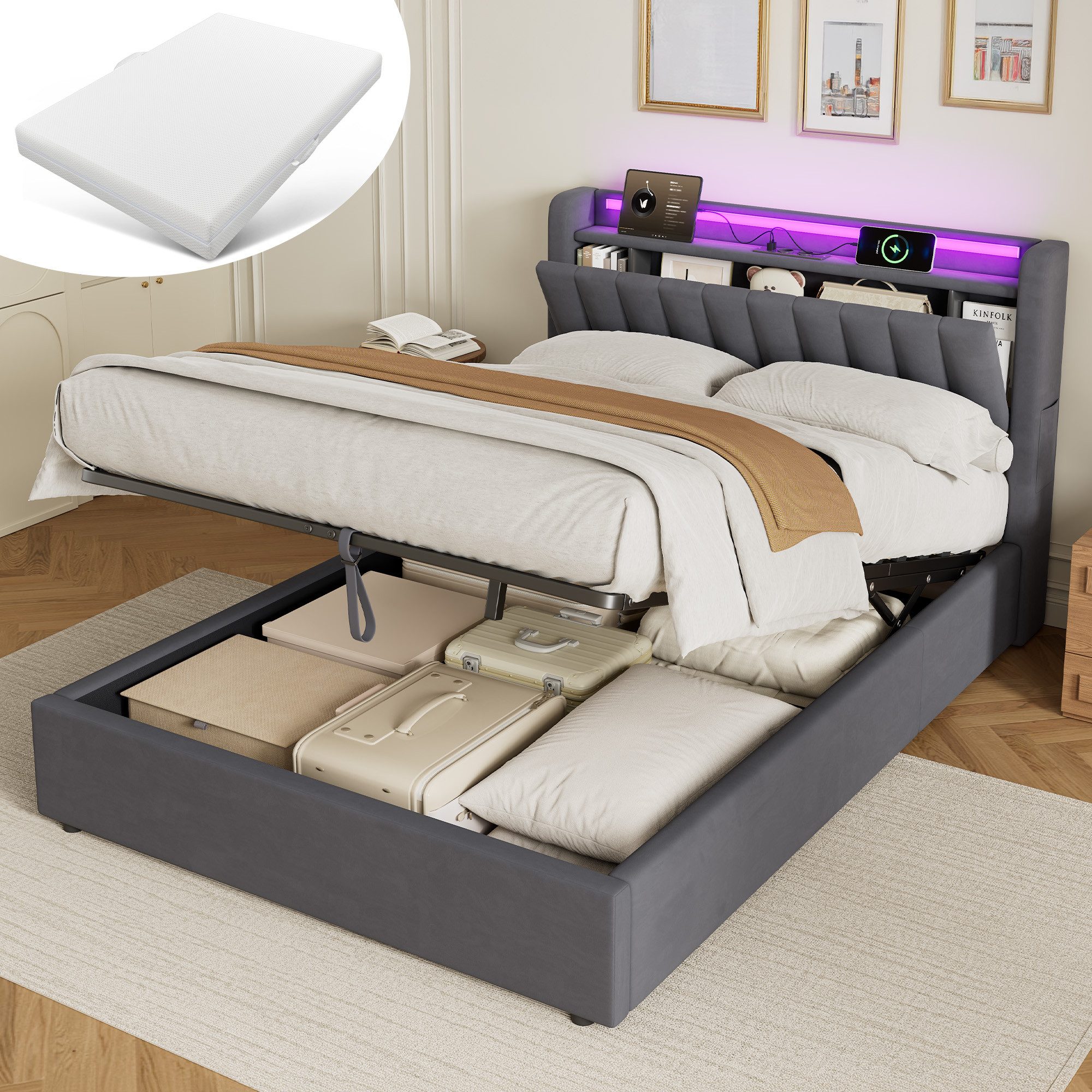 REDOM Polsterbett Hydraulisches Bett mit LED-Beleuchtung & USB-Ladestation (Funktionsbett, 2-tlg., 140x200 cm, inkl. Stauraum, Kopfteilregal & Samtbezug), Für ein komfortables und praktisches Schlafambiente(mit 1 Matratze)