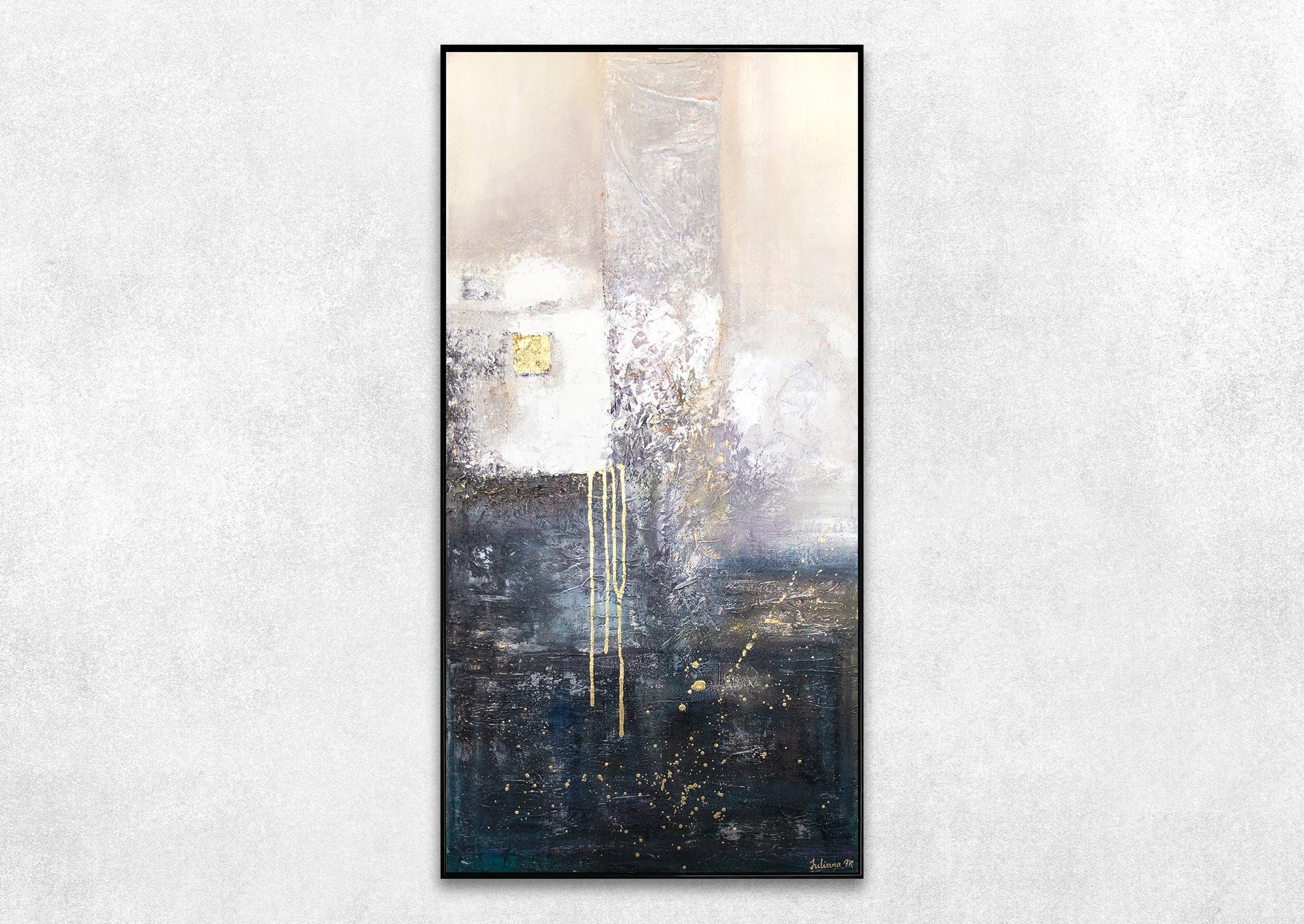 auf Abstrakt, Blau Handgemalt Fragmente, Gold in Weiß Gemälde Rahmen Bild YS-Art Abstraktes Leinwand Mit Schwarz