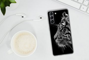 MuchoWow Handyhülle Tiger auf schwarzem Hintergrund in schwarz und weiß, Phone Case, Handyhülle Samsung Galaxy S21, Silikon, Schutzhülle