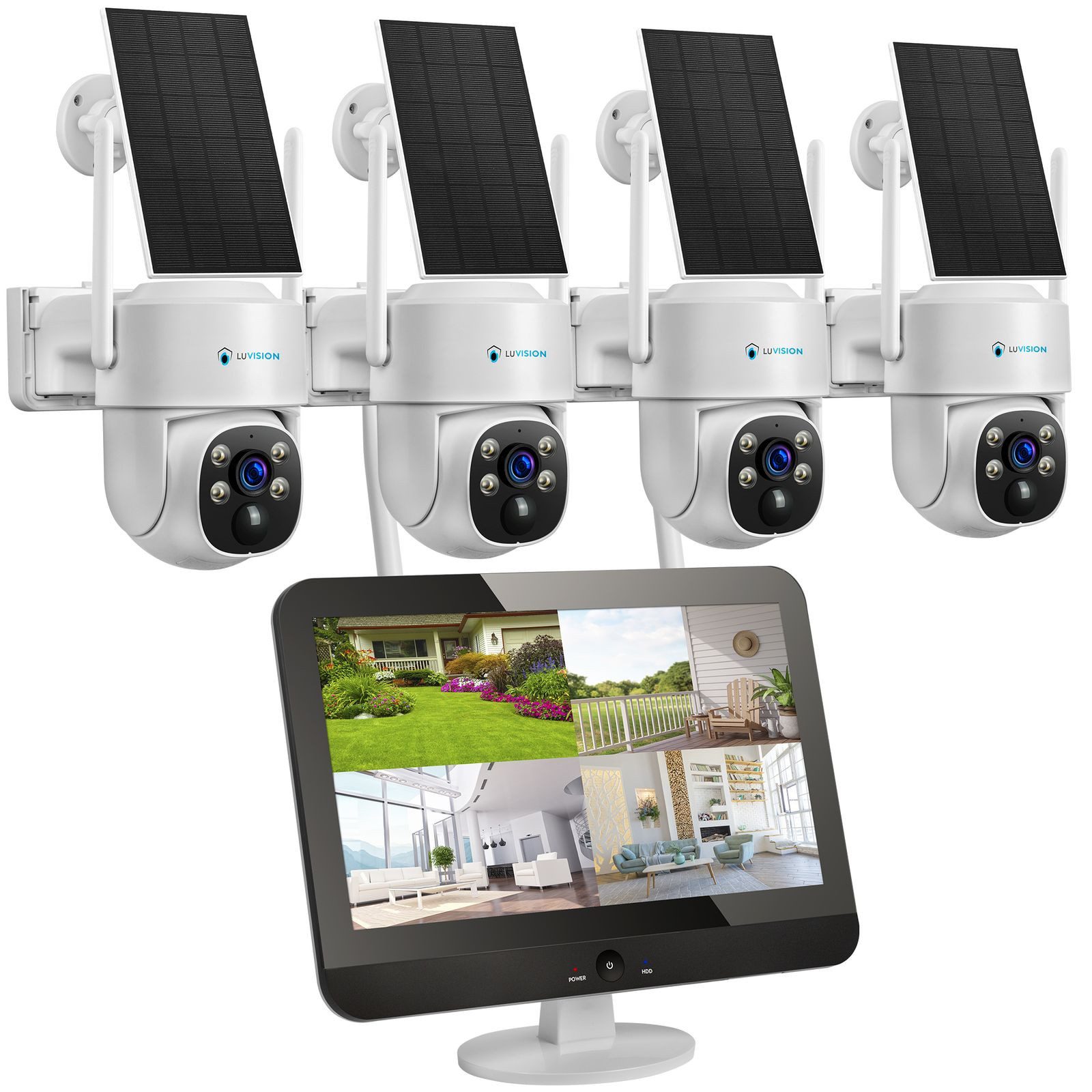 LUVISION Überwachungskamera W601 (Außenbereich, 4-tlg., WLAN Solar Akku Überwachungssystem 4 Kanal Funk Kamera Set Mikrofon, 2-Wege Audio, Mikrofon, 10 Kanal NVR, Sirene, Nachtsicht, PTZ)