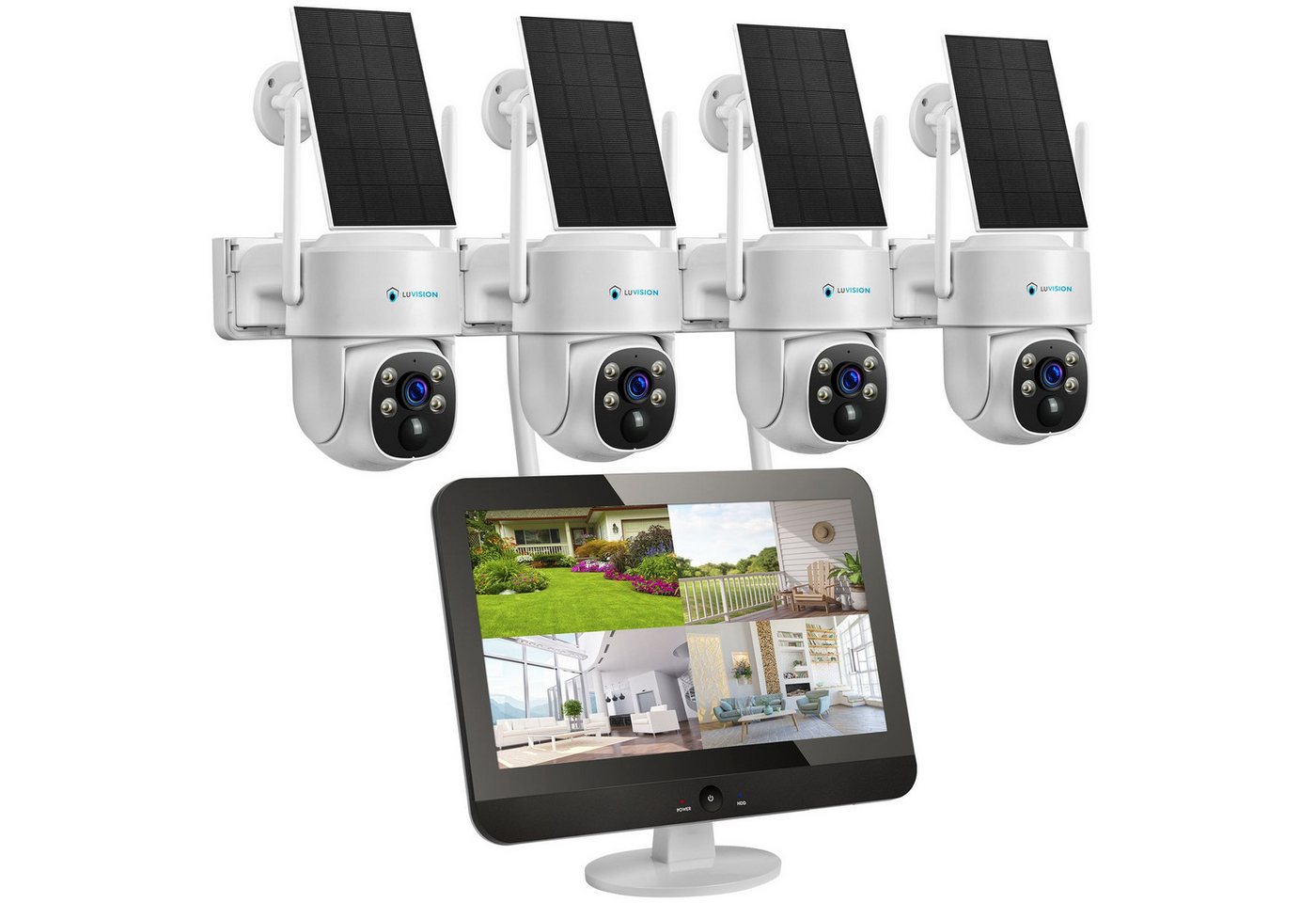 LUVISION Überwachungskamera K8508-MW + W601 4er (Außenbereich, 4-tlg., WLAN Solar Akku Überwachungssystem 4 Kanal Funk Kamera Set Mikrofon, 2-Wege Audio, Mikrofon, 10 Kanal NVR, Sirene, Nachtsicht, PTZ)