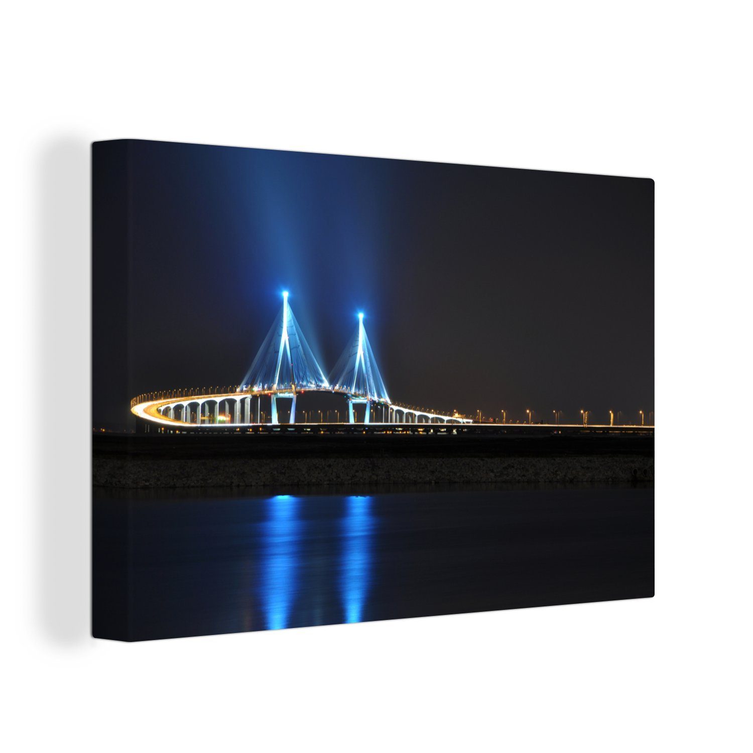 OneMillionCanvasses® Leinwandbild Die berühmte Incheon-Brücke bei Nacht in Südkorea, (1 St), Wandbild Leinwandbilder, Aufhängefertig, Wanddeko, 30x20 cm | Leinwandbilder
