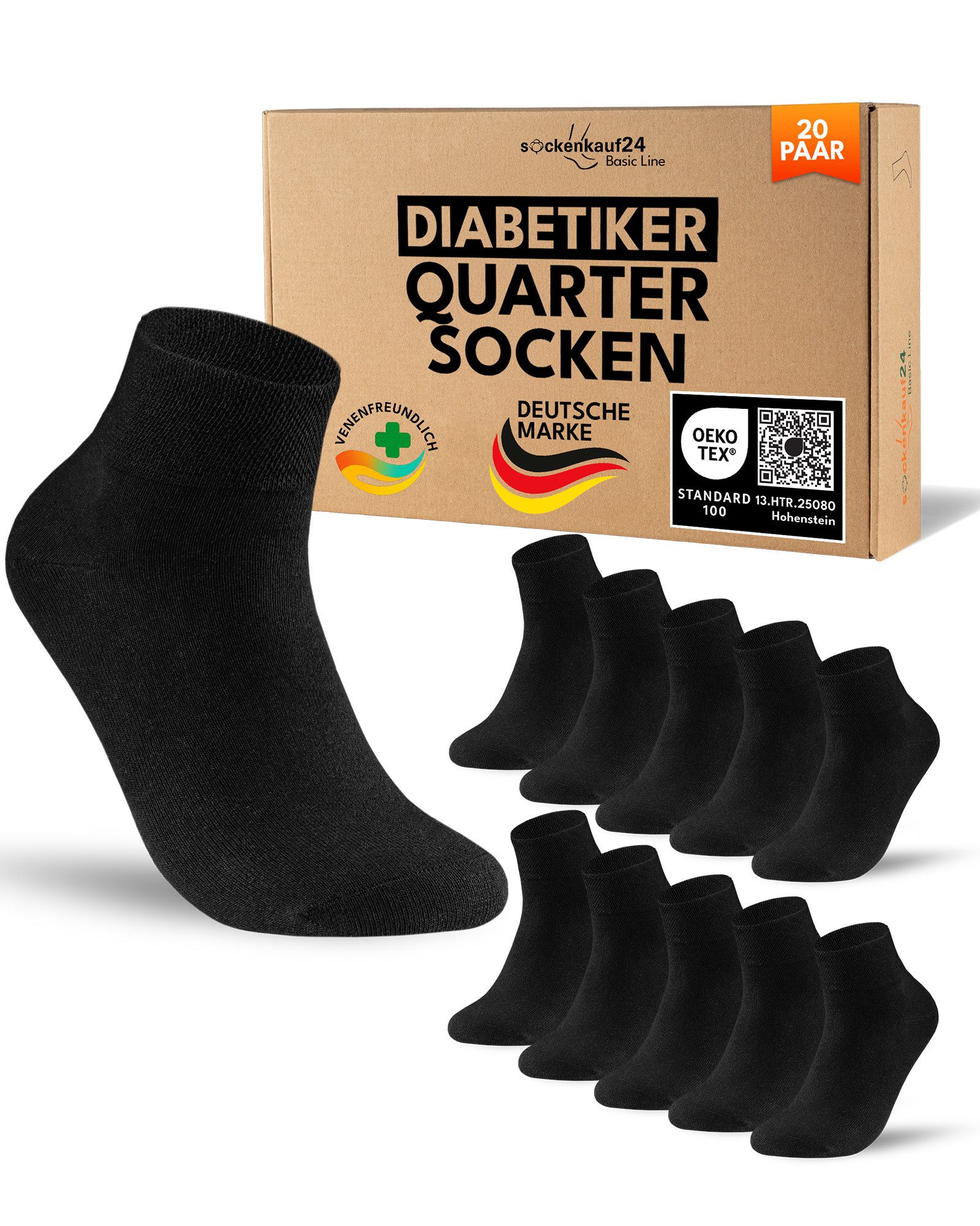 sockenkauf24 Diabetikersocken kurz ohne Gummibund & ohne Naht Quarter Diabetiker Socken Baumwolle (Set, 20-Paar) Diabetiker Socken mit Komfortbund ohne Gummi für Damen & Herren
