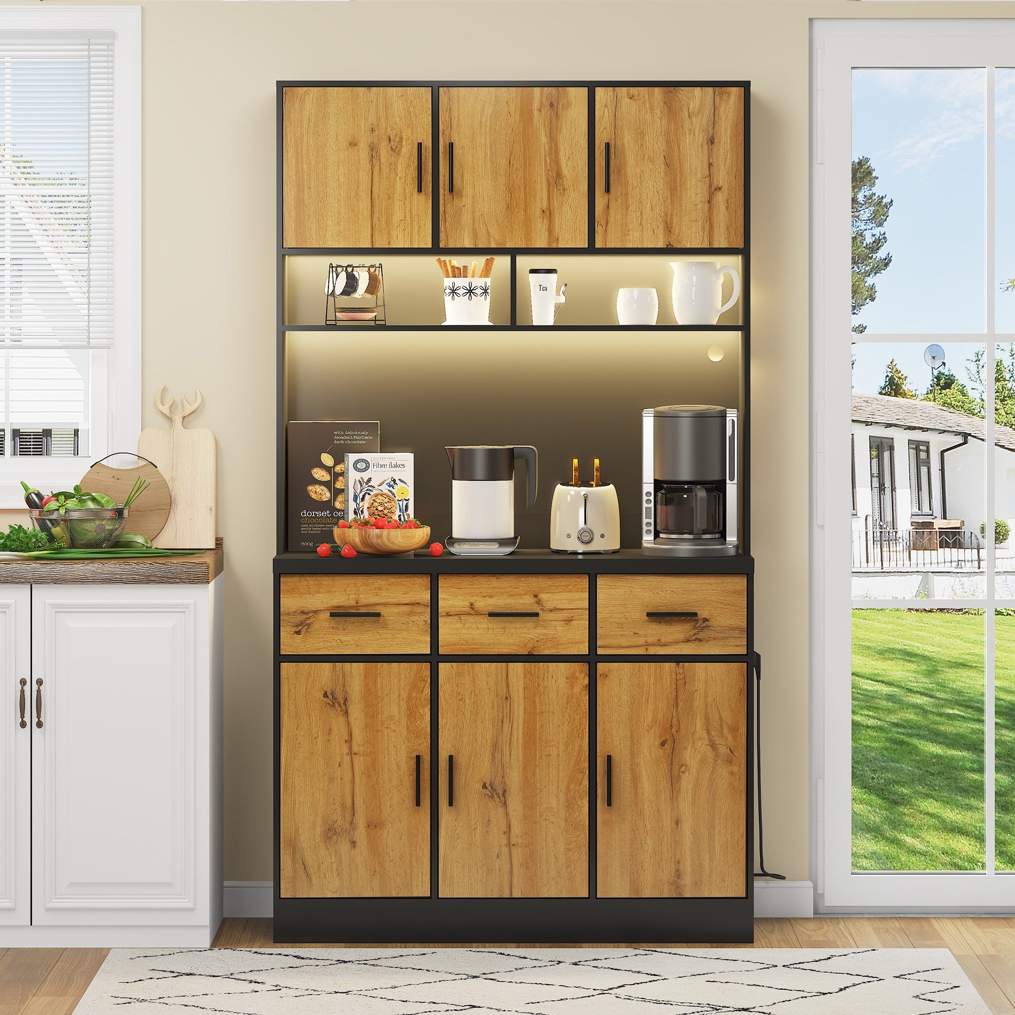 Flieks Küchenbuffet mit LED-Beleuchtung und Steckdosen (1-St., 100x40x180cm) Hochschrank Küchenschrank Geschirrschrank mit verstellbare Ablagen – Bild 3 von 5