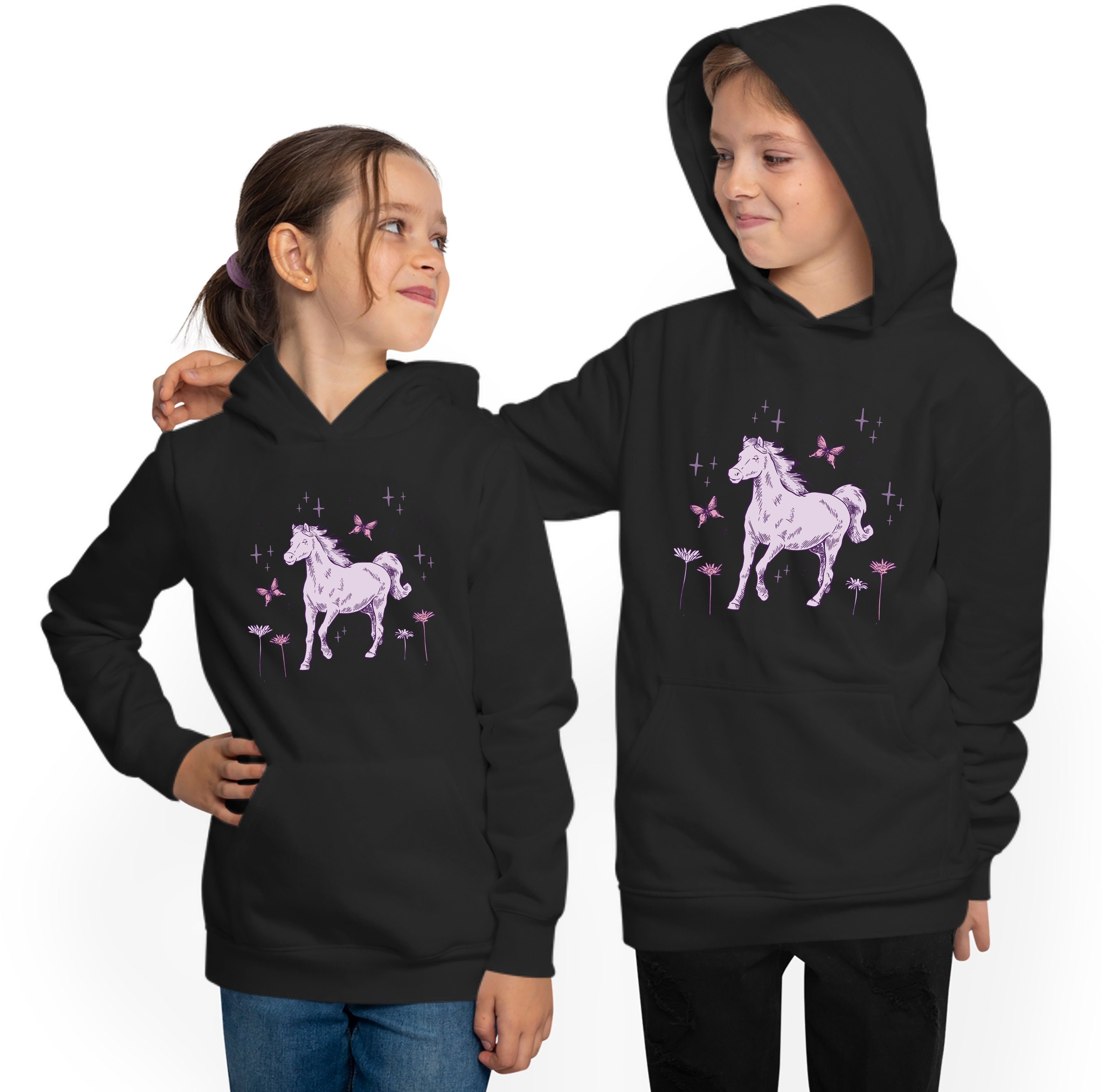 MyDesign24 Pferd Sweatshirt Hoodie Hoodie mit i144 Blumen Kapuzen und Kinder Kapuzensweater galoppierendes Aufdruck,