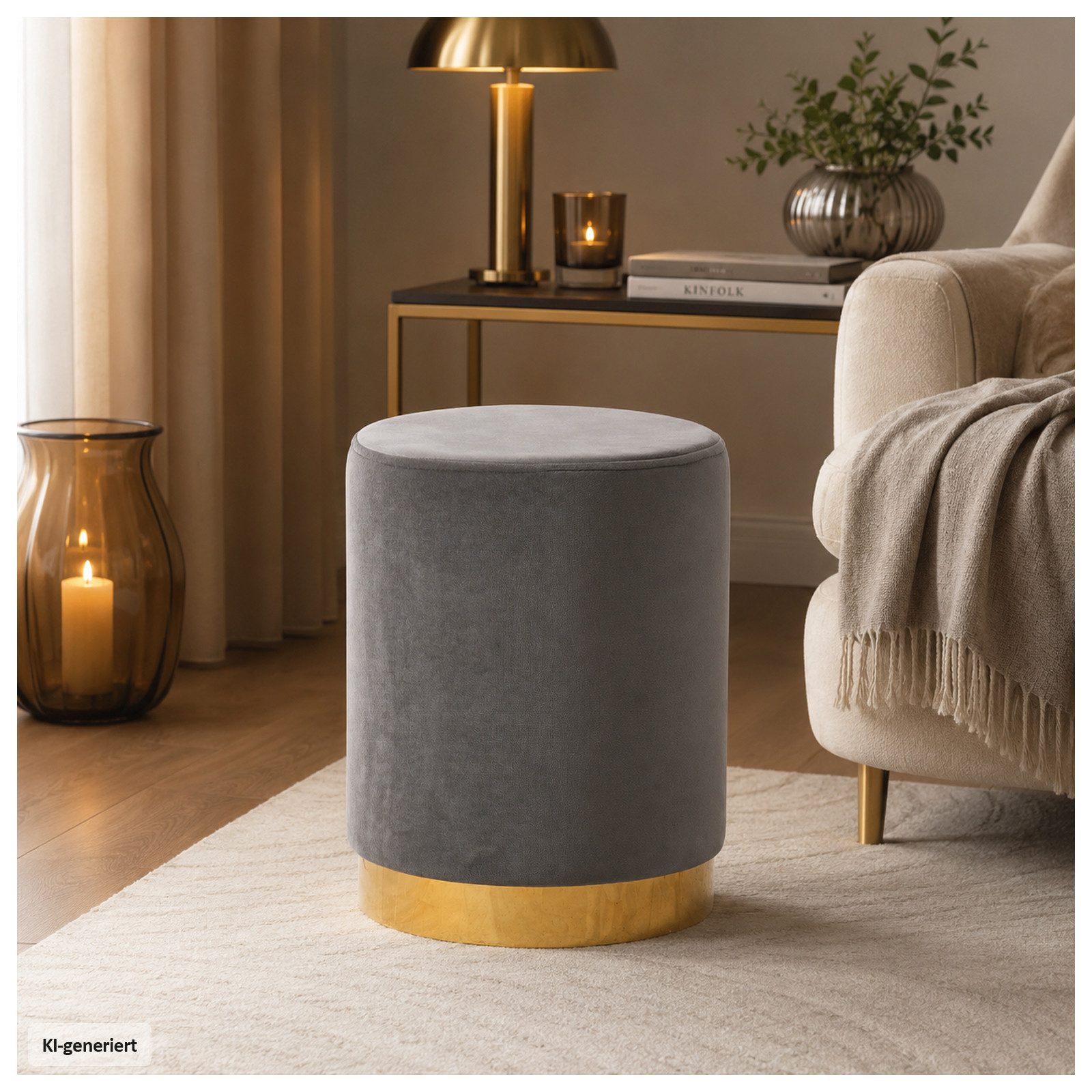 HTI-Living Polsterhocker Hocker Reese Velvet Grau (1 Stück, 1 St., 1 Hocker), Sitzzylinder mit samtiger Oberfläche und goldenem Sockel