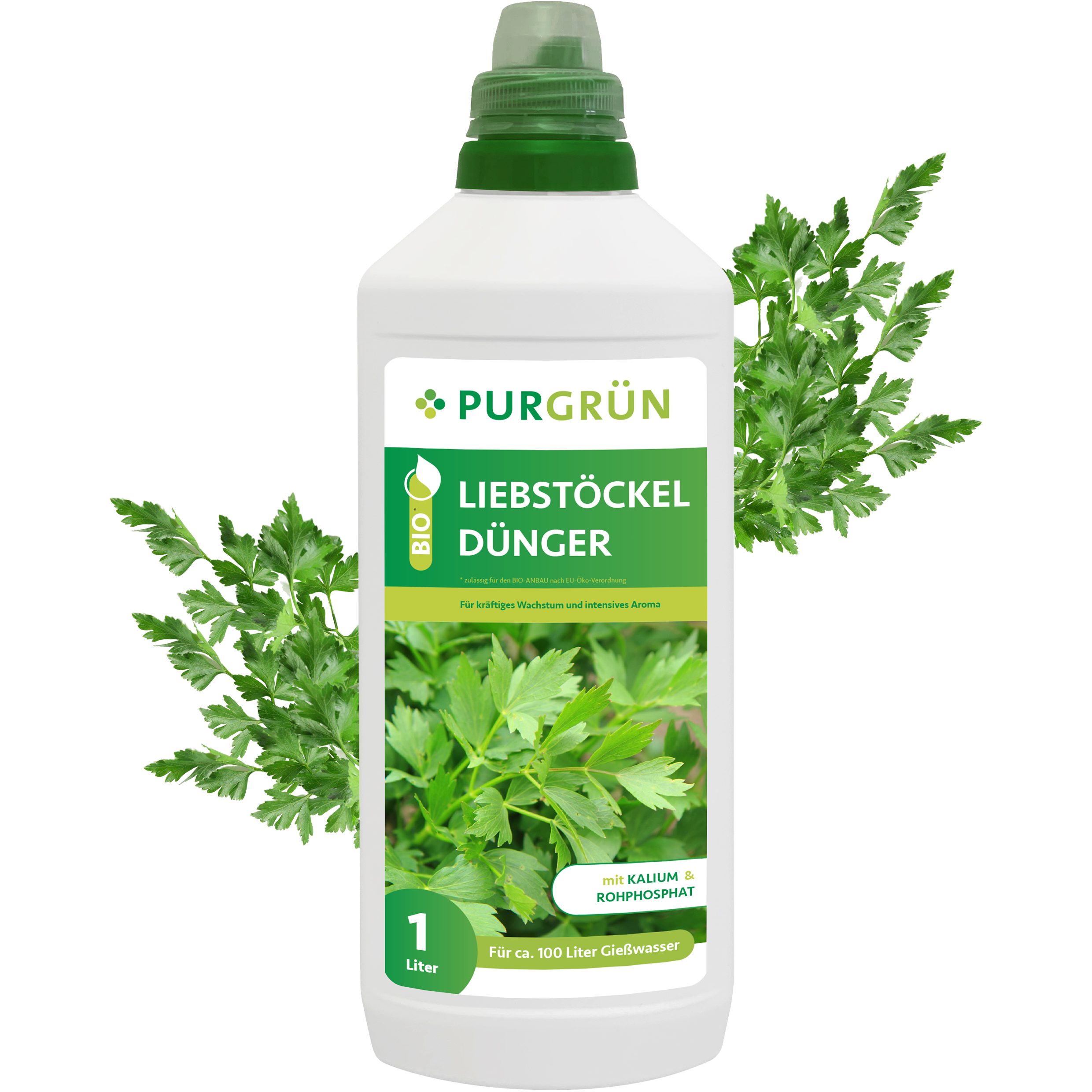 Kräuterdünger Purgrün Bio Liebstöckel Dünger, NPK 4+1+7, Algenextrakt, 1 Liter