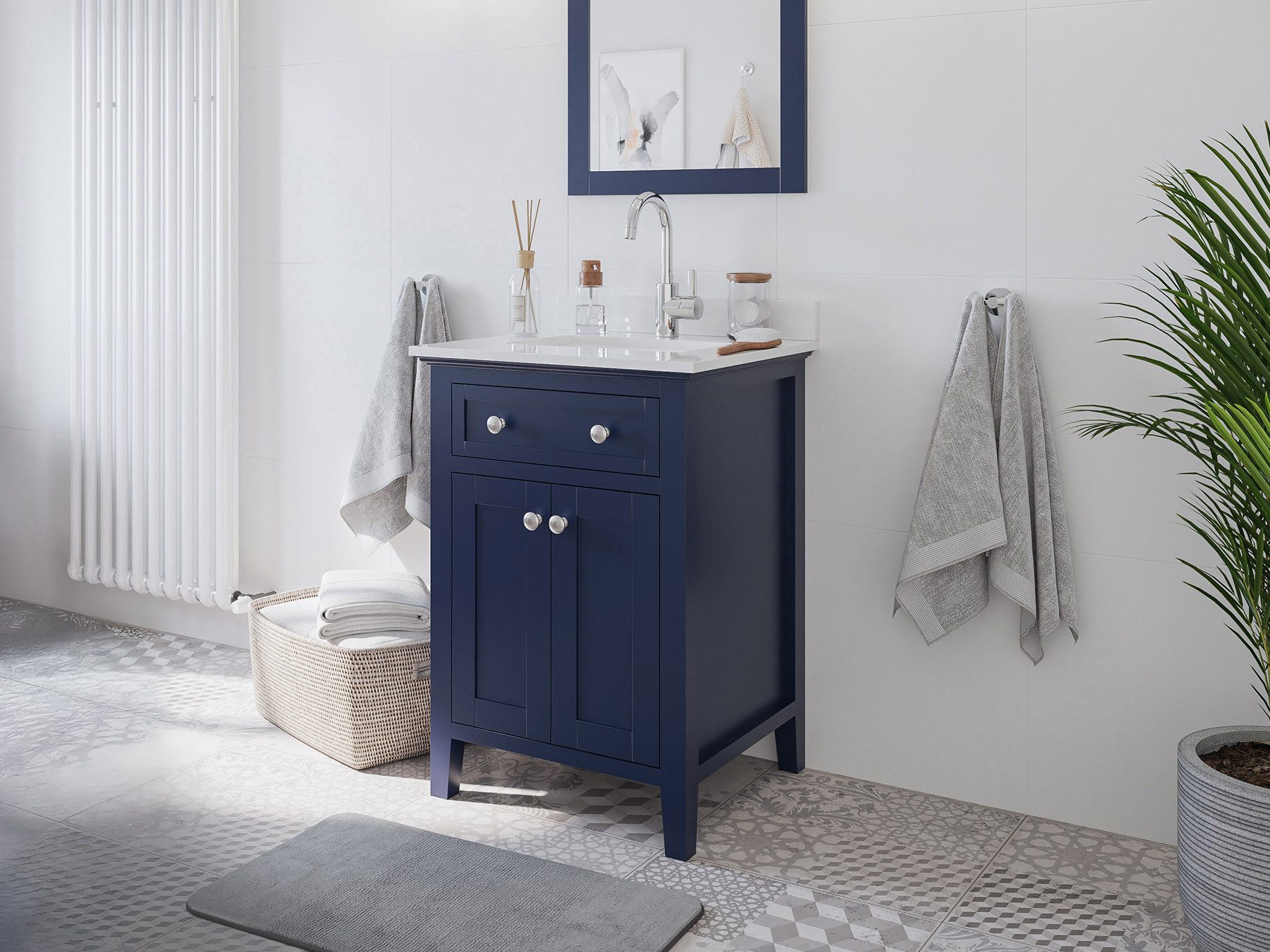 Magnolia Home Badmöbel-Set Landhaus Badmöbel-Set Postigo 60 Quarz weiß montiert blau lackiert