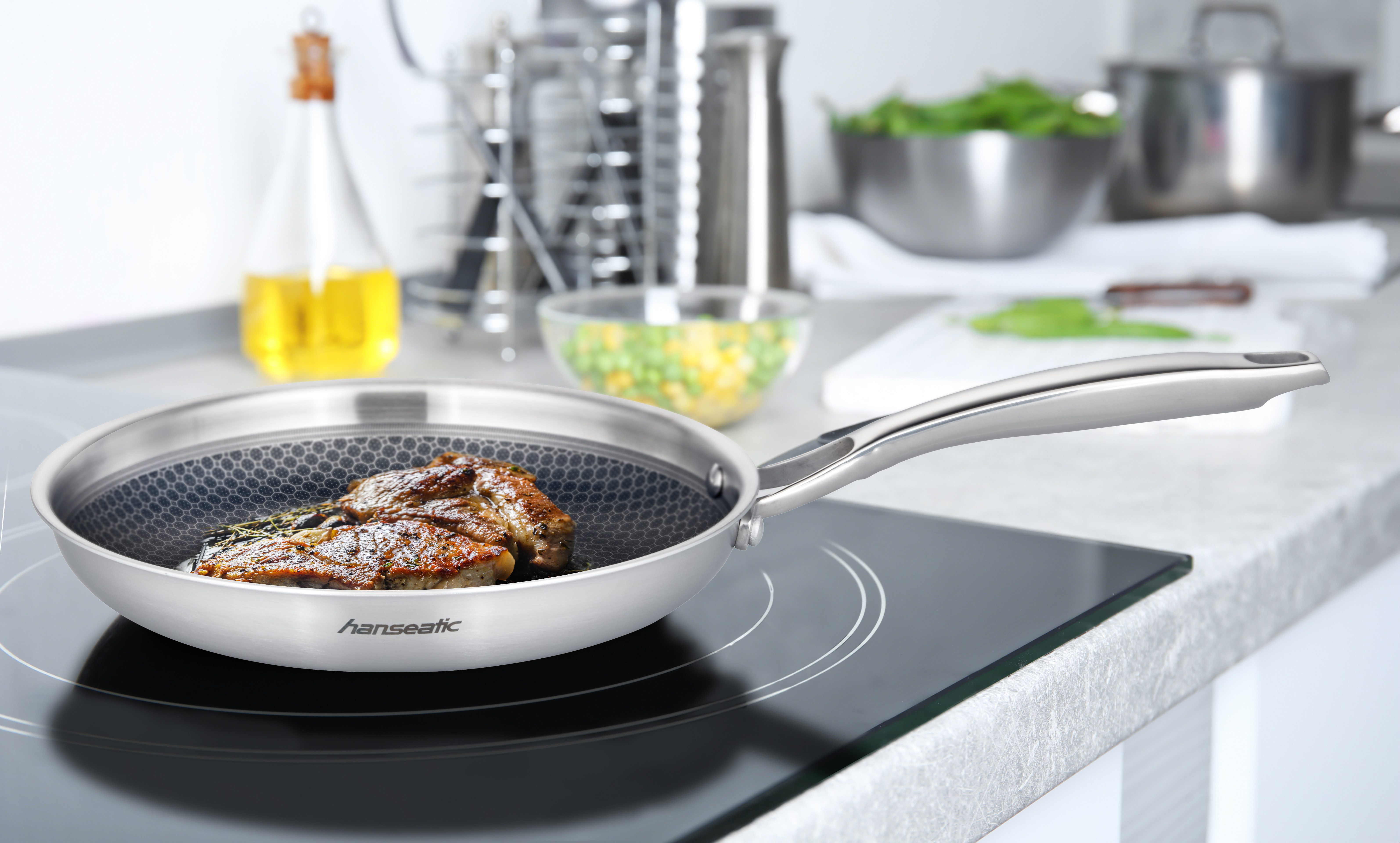 Hanseatic Pfannen-Set hanseatic, Edelstahl (Set, 3-tlg., je 1x Pfanne Ø 20 cm - 1,2 l, Ø 24 cm - 1,6 l, Ø 28 cm - 2,4 l), Dreischicht-Material, Edelstahl-Wabenstruktur, Induktion