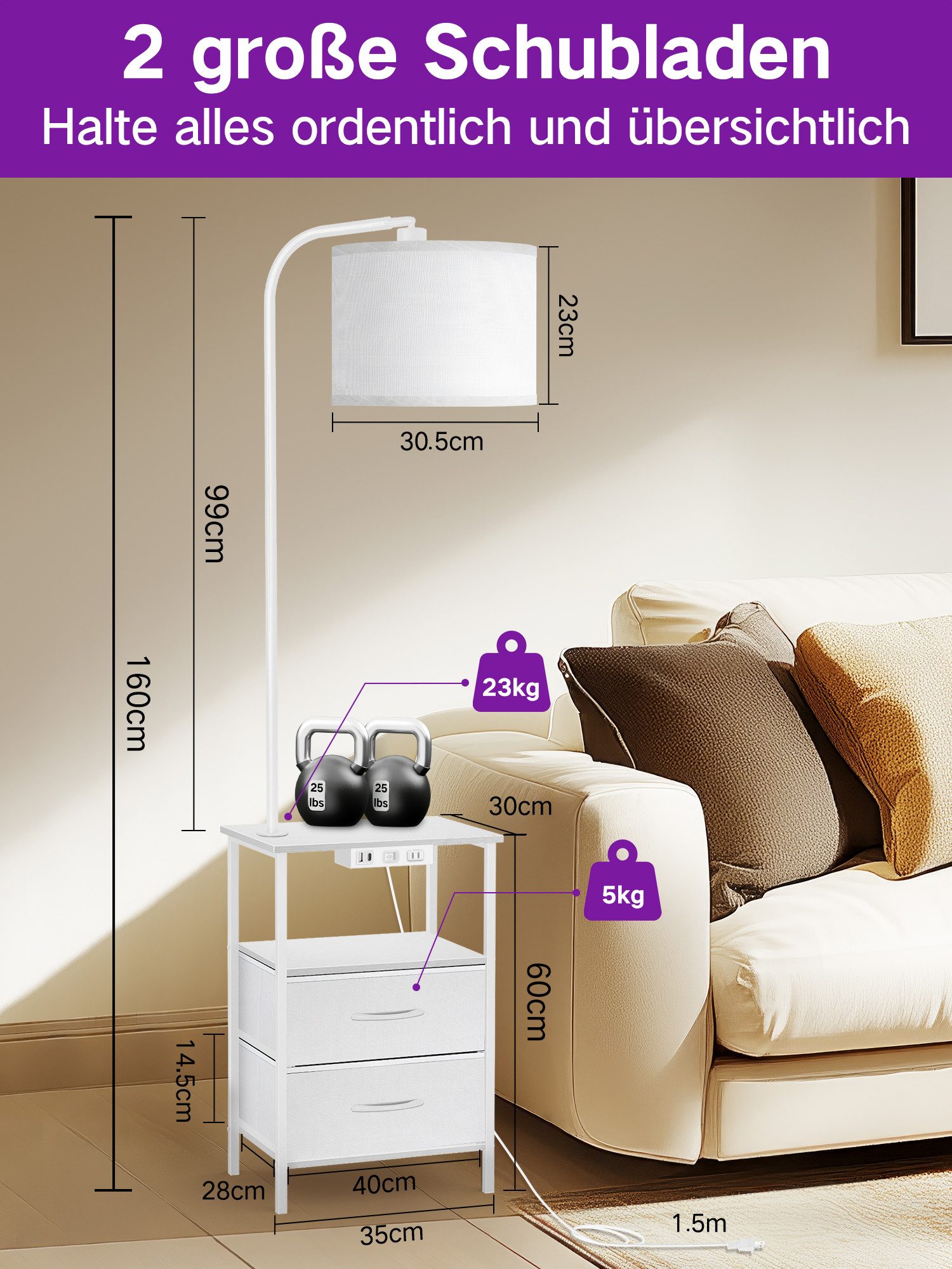 OUTON Stehlampe LED-Tisch mit 2 Stoffschubladen/3 Ablagen & USB – Bild 2 von 5