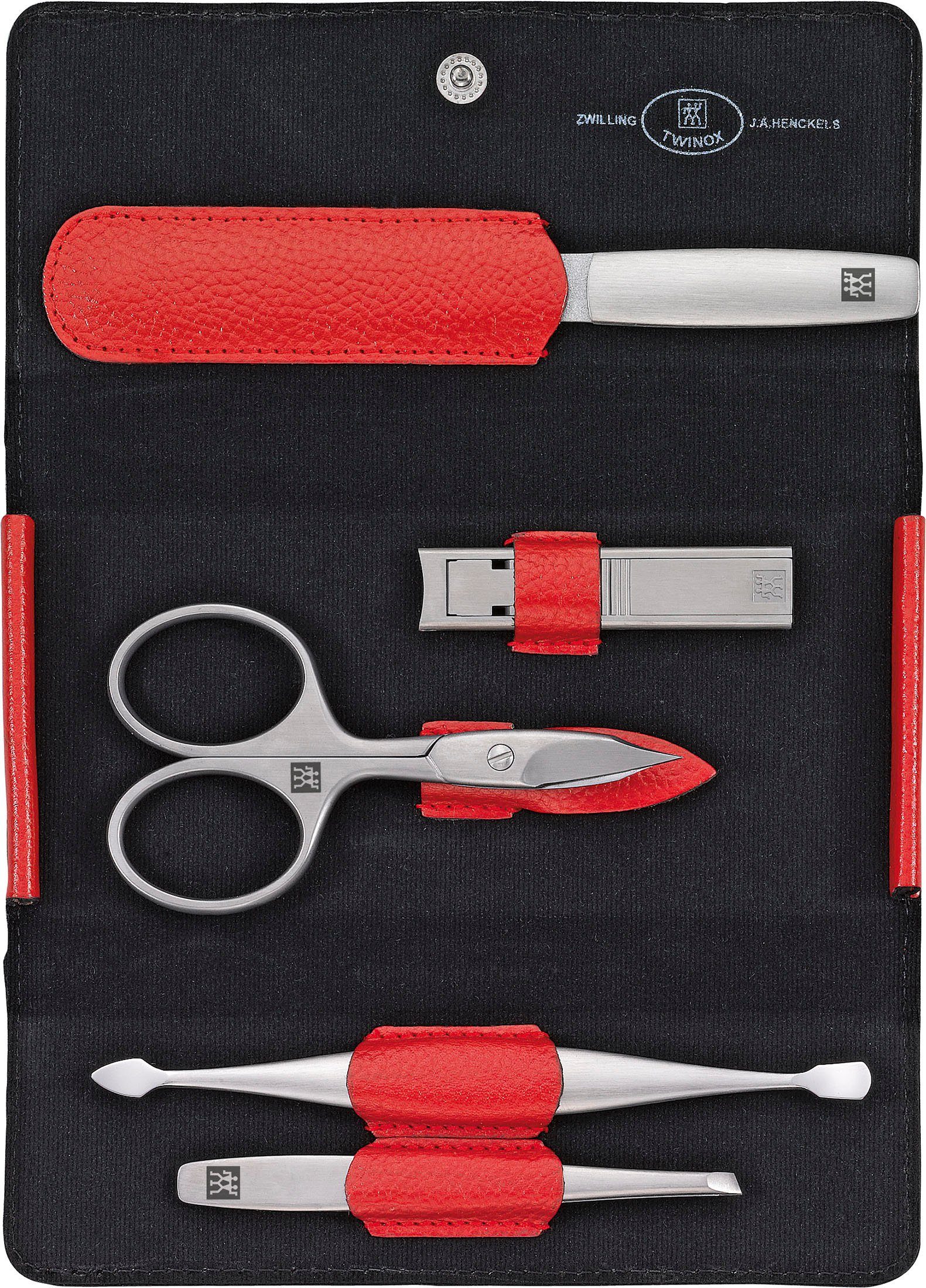 Maniküre-Etui tlg. Zwilling COMPETENCE ASIAN ROT, DRUCKKNOPF-ETUI 5 TWINOX