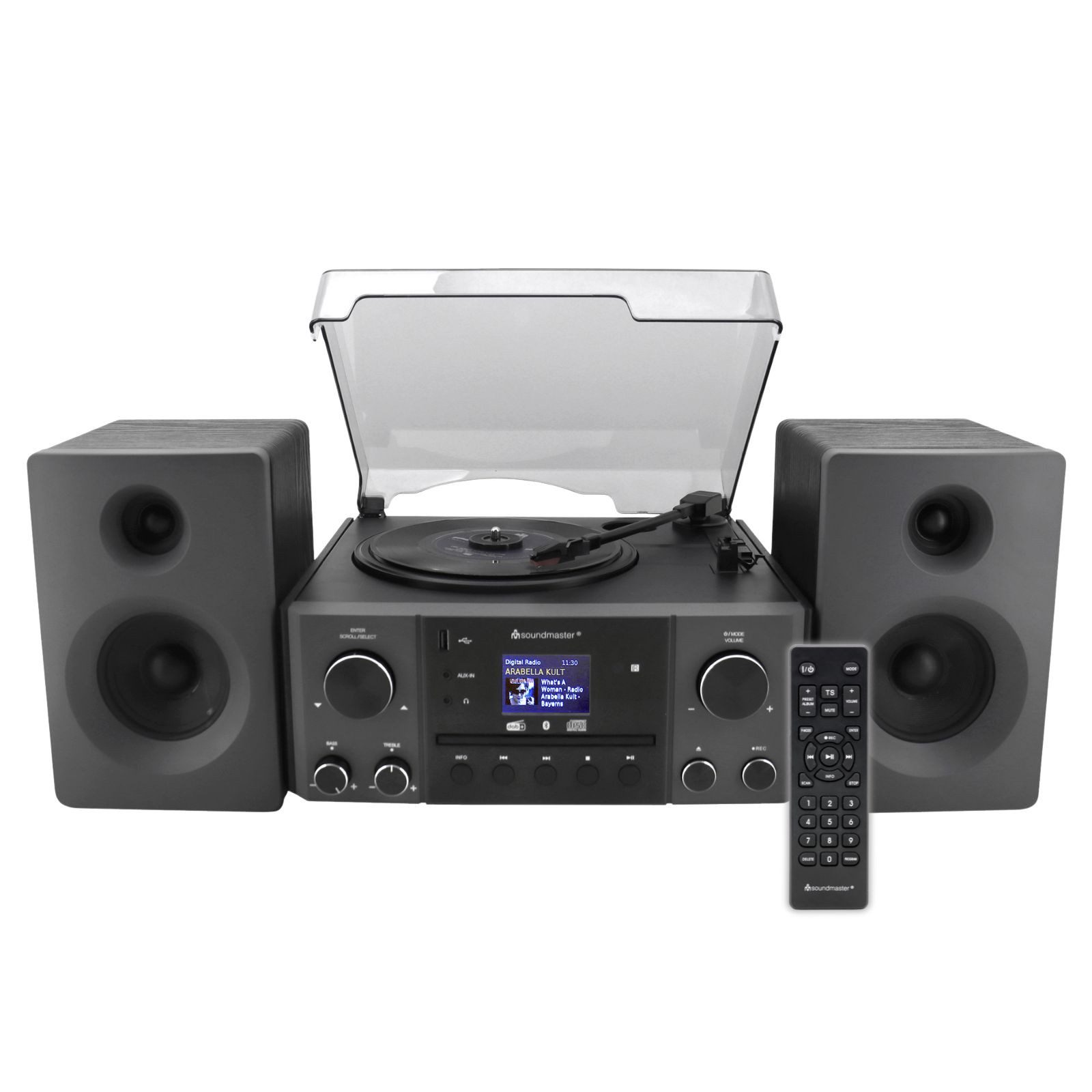 Soundmaster MCD1950SW Plattenspieler Stereoanlage DAB+ CD USB MP3 Bluetooth Multifunktionsspieler (Riemenantrieb, Weckerfunktion, Einschlaffunktion, 75 Ohm Antenne)