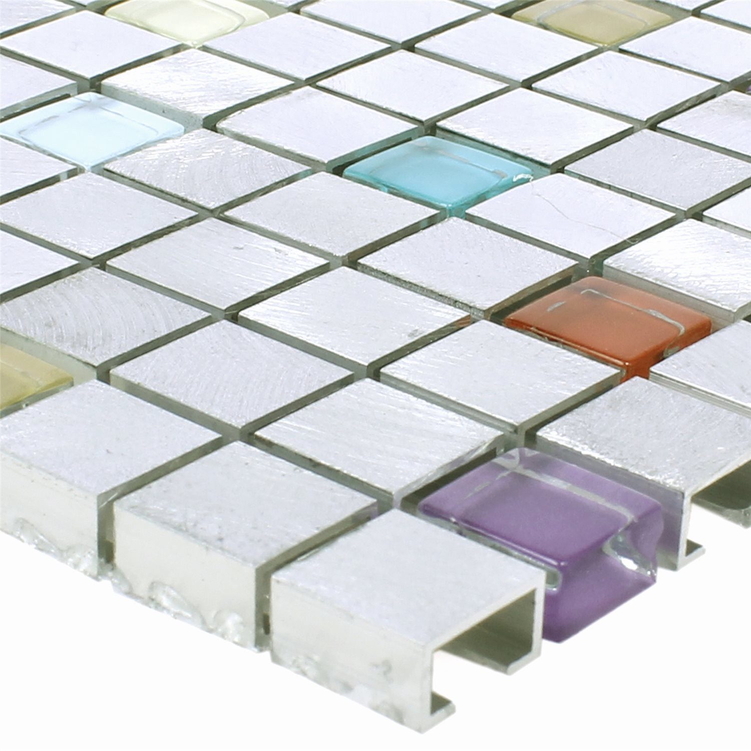 Mosafil Mosaikfliesen Mosaikfliesen Lissabon Aluminium Glas Mix, Glas-Aluminium 30.000x30.000, rot-beige-braun-silber-blau-lila-bunt, Verlegefertig auf ein Netz geklebt - Wasserfest