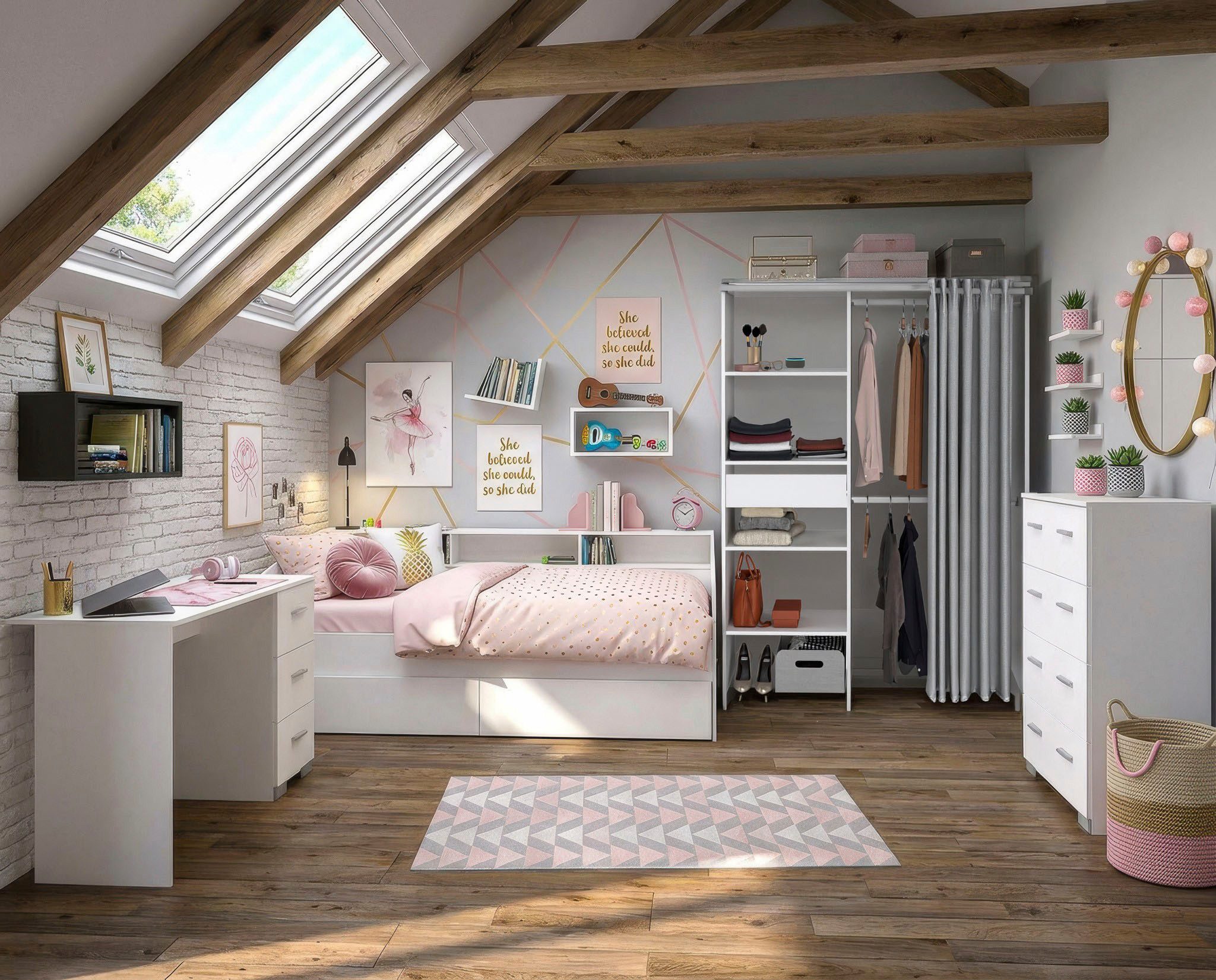 Parisot Jugendzimmer-Set Parisot Sleep 13, (Set, 5-tlg), Rückwand am Stauraumett drehbar - Weiß oder Eiche