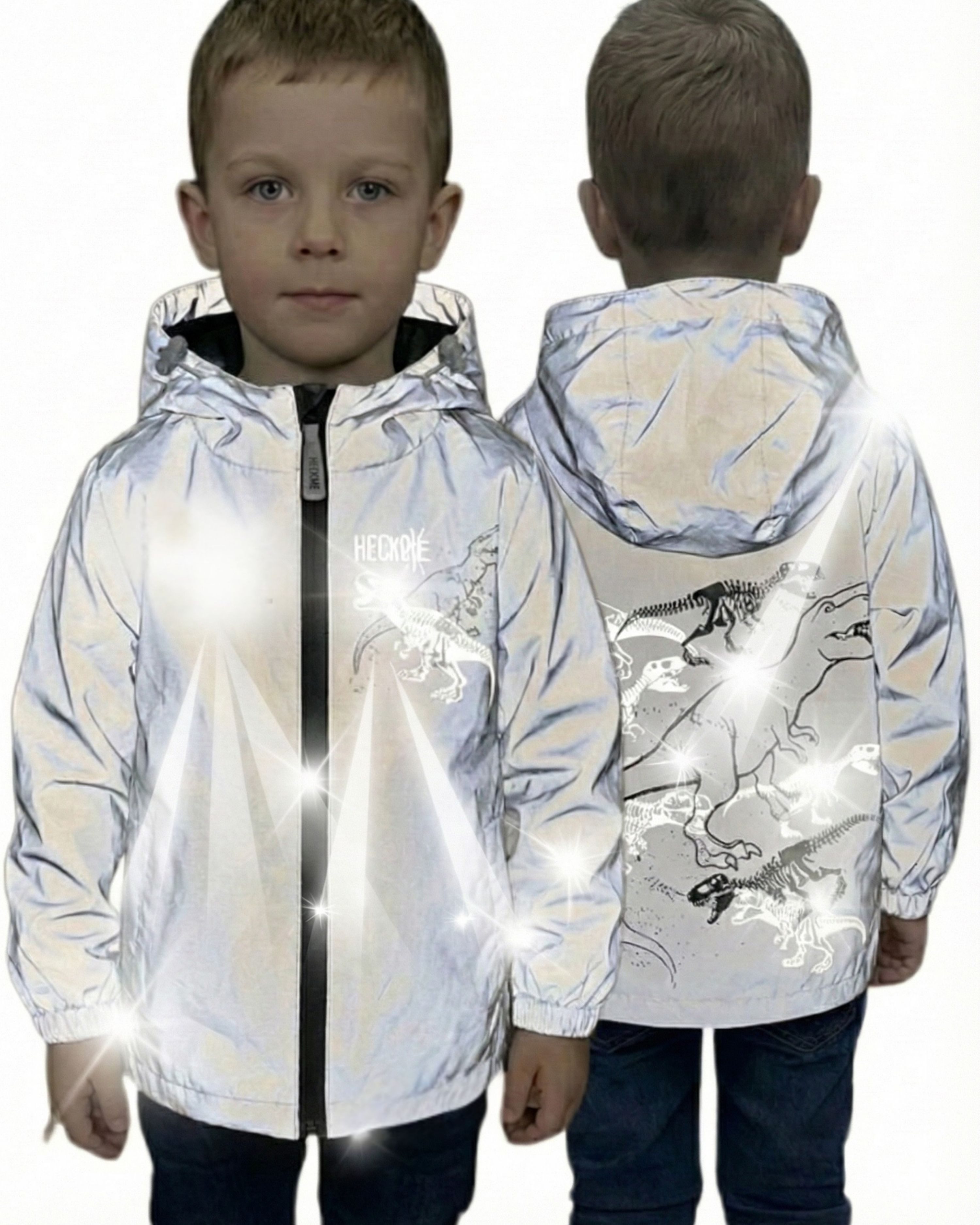 HECKBO Regen- und Matschjacke 360° Reflektor Kinder Regenjacke Windjacke Jacke Dinosaurier 3-6 Jahre