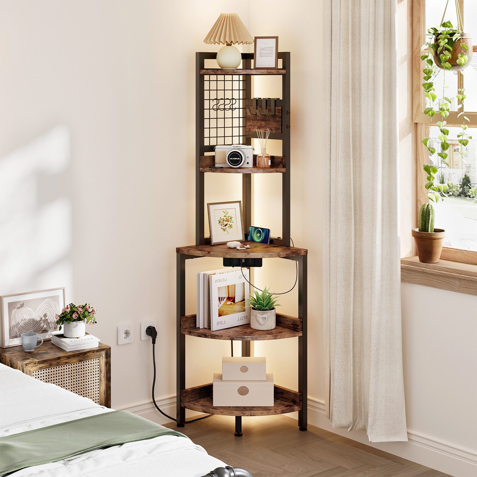 YOLEO Eckregal 5 Ebenen mit Steckdosen und LED Beleuchtung 40x40x152cm günstig online kaufen