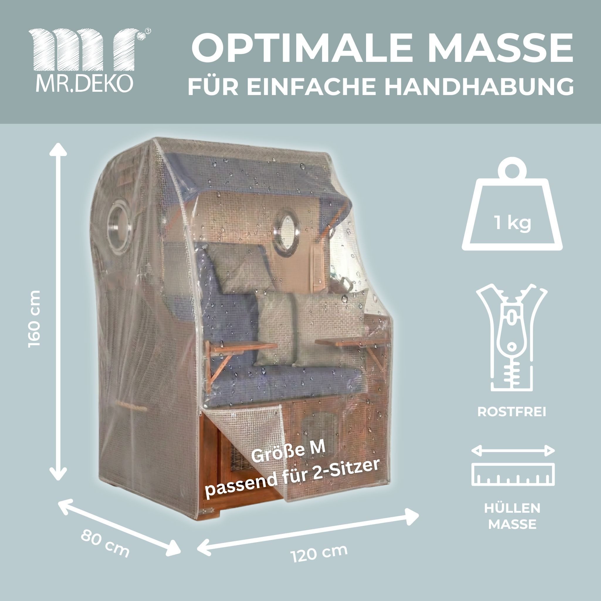 MR.DEKO Strandkorb-Schutzhülle PVC M – Transparent, UV-stabil & wetterfest, für 2-Sitzer (Passend für alle 2-Sitzer Strandkörbe bis 120 cm Breite, 1-St), Abdeckplane PE-Gewebe mit Reißverschlüssen & Zugband