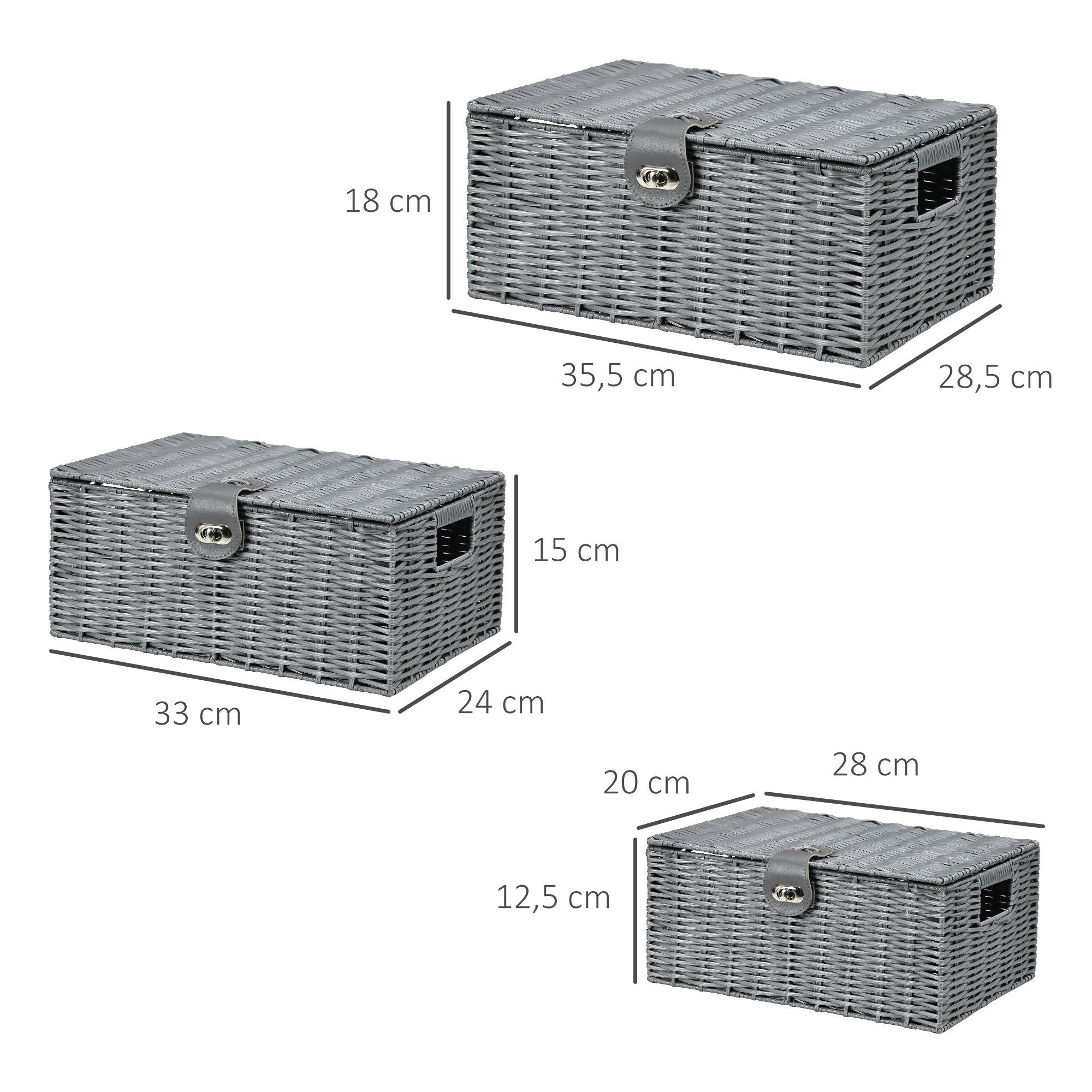 Grau HOMCOM Deckel (Set, mit 3 Verschluss, 3er-Set, Aufbewahrungskorb Tragegriffen, 18 x Aufbewahrungskorb), mit cm, x St., 35,5 28,5