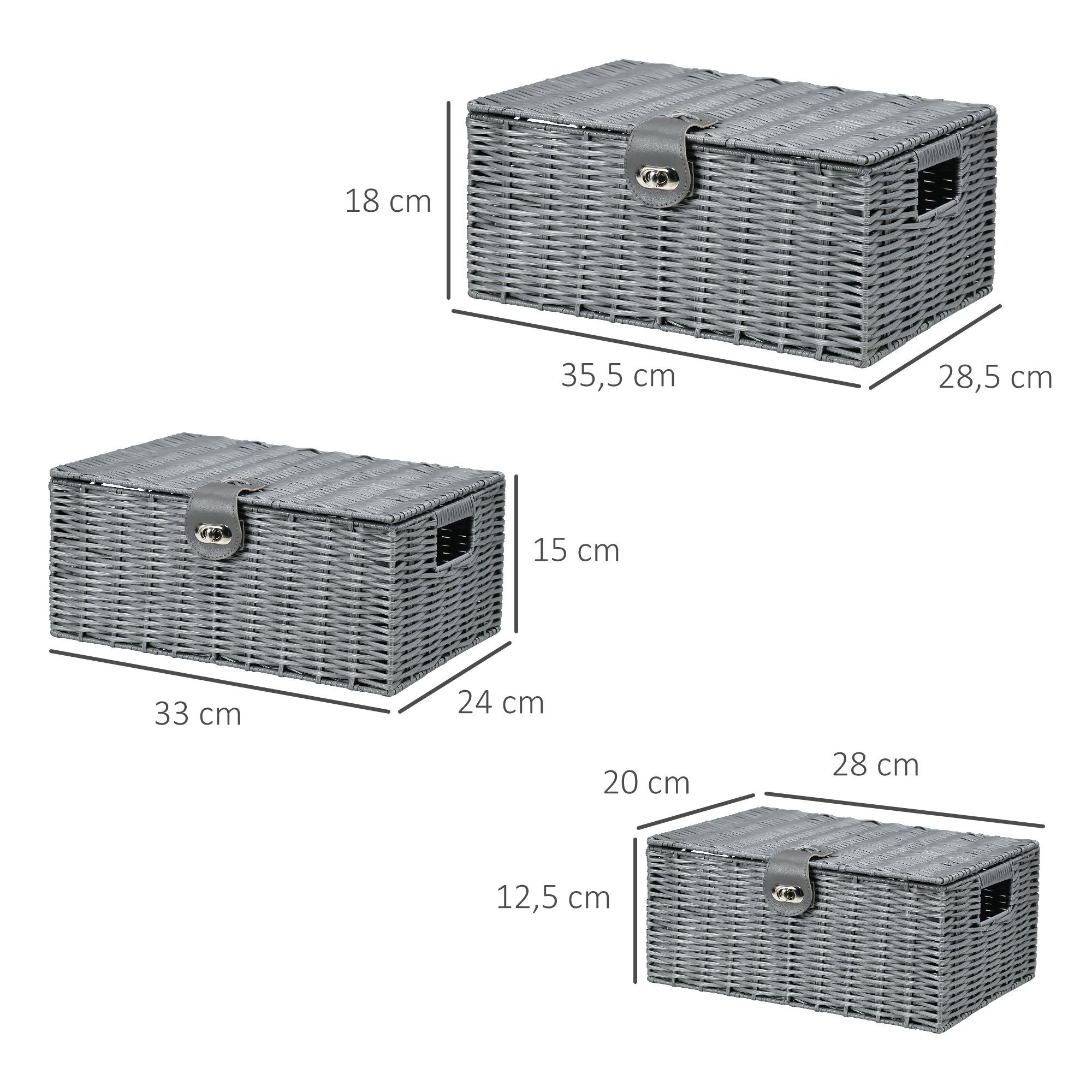 HOMCOM Aufbewahrungskorb 3er-Set Aufbewahrungsboxen mit Deckel und Schnallen (Ordnungsboxen, 3 St., Aufbewahrungskorb), Grau PP, Metall