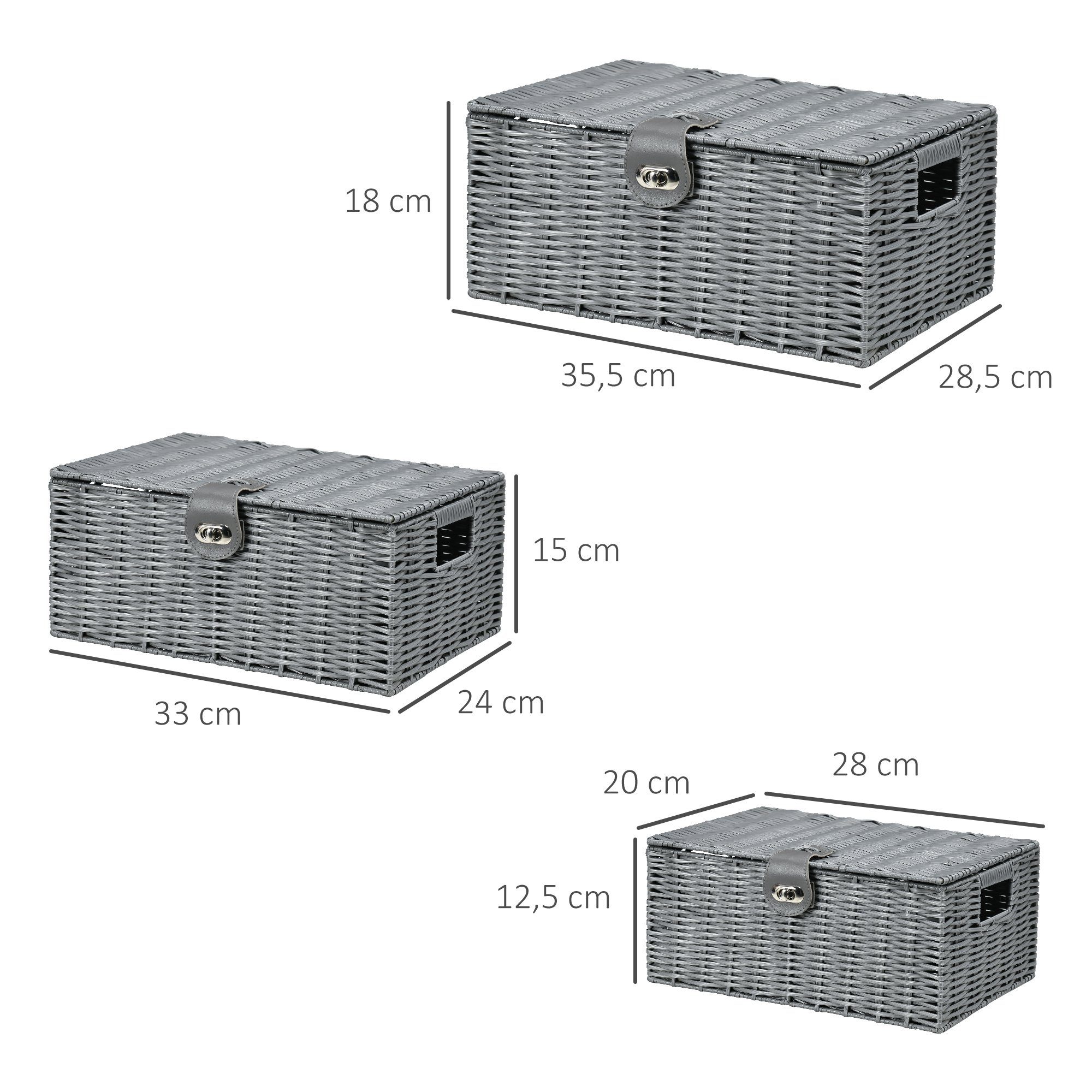 28,5 St., HOMCOM x Aufbewahrungskorb mit 35,5 Verschluss, (Set, cm, Grau 3er-Set, 18 Aufbewahrungskorb), Deckel Tragegriffen, mit x 3