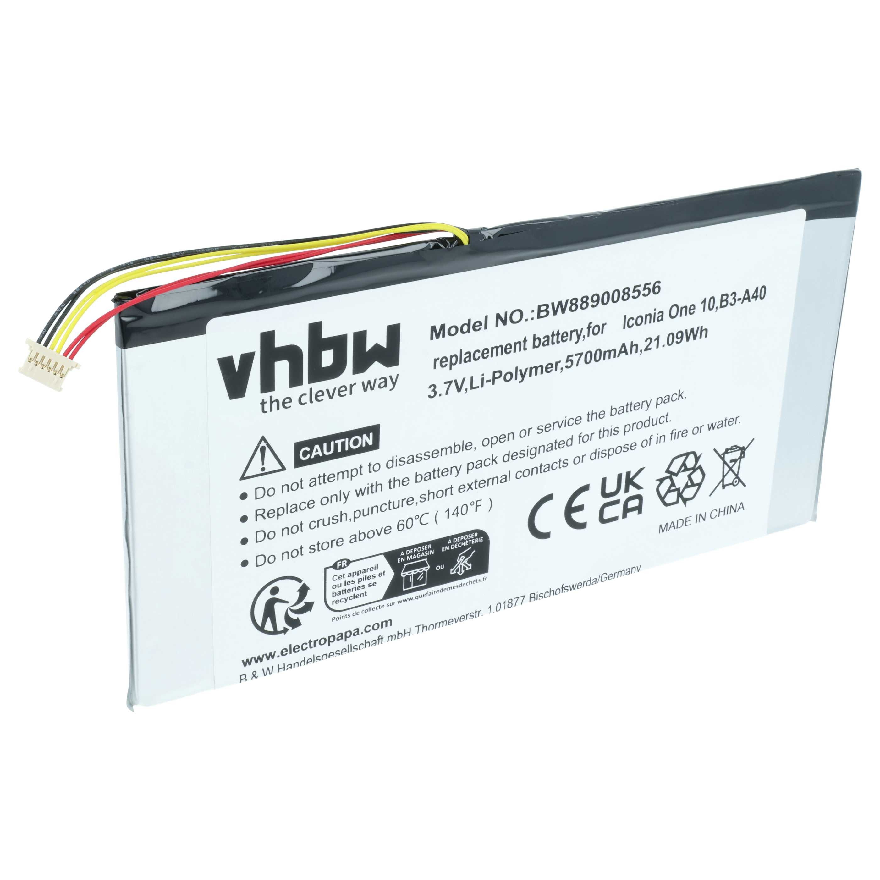 vhbw Akku passend für Acer Iconia One 10 B3-A40 Tablet (5700 mAh, 3,7 V, Tablet-Akku Akku Li-Polymer 5700 mAh (3,7 V, 1 St), Leistungsfähiger Austausch-Akku für Ihren Tablet-Computer