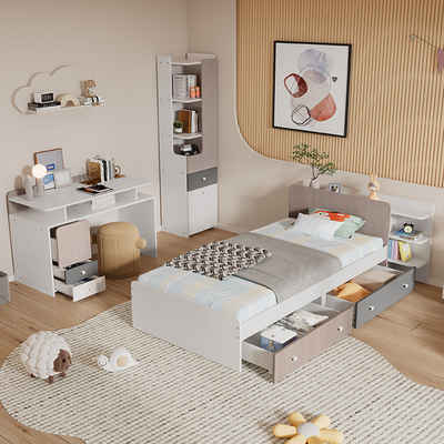 MODFU Einzelbett Kinderbett (Komplettschlafzimmer Set, Einzelbett + Schreibtisch + Bücherregal, mit Regale, mit Schubladen, MDF + Mehrschichtplatte, 90x200cm), ohne Matratze