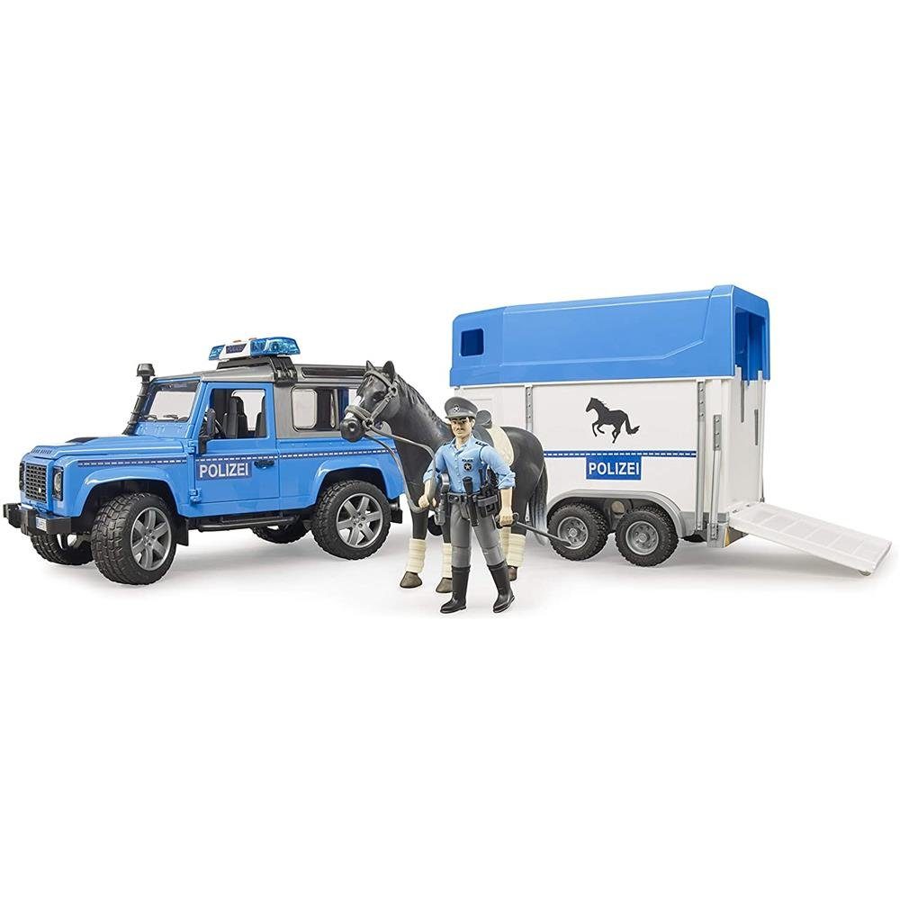 Bruder® Toy Police Land Rover Defender, Police Vehicle with Horse Trailer, Horse and Police Officer, Blue/White