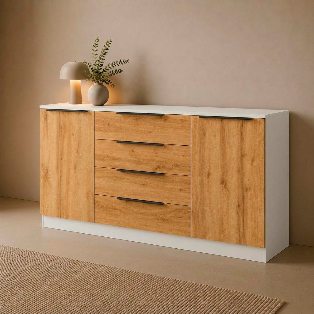 borchardt Möbel Sideboard Tom, moderne Kommode mit dunklen Metallgriffen, 166cm, 2 Türen 4 Schubfächer, variable Einlegeböden, viel Stauraum